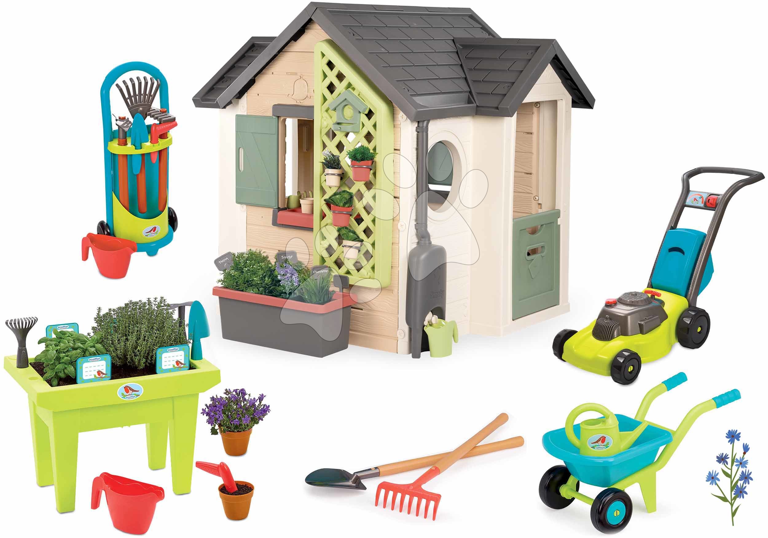 Set domček pre záhradníka a kosačka so zvukom Garden House Life Smoby rozšíriteľný s kvetináčmi a stolík so záhradným náradím