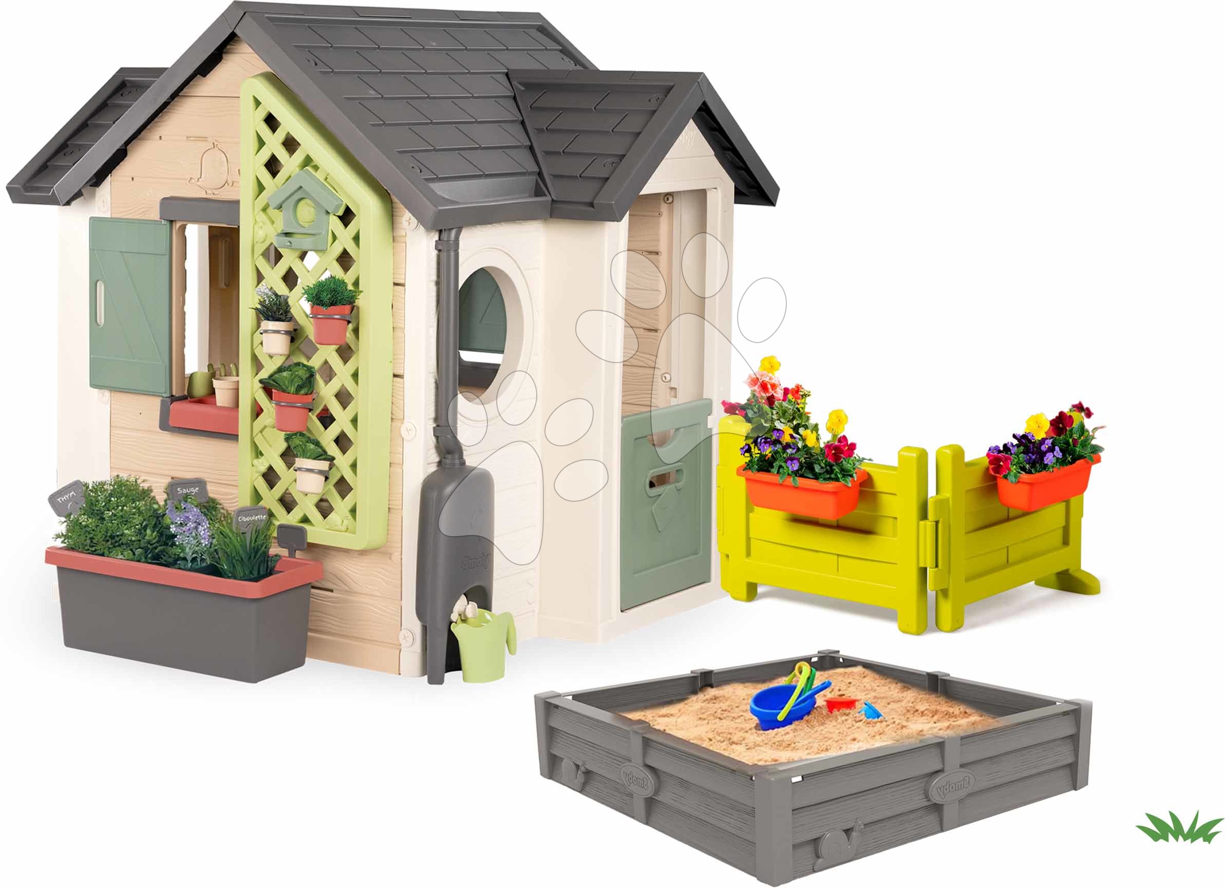 Set domček pre záhradníka s pieskoviskom a záhradkou Garden House Life Smoby rozšíriteľný s kvetináčmi
