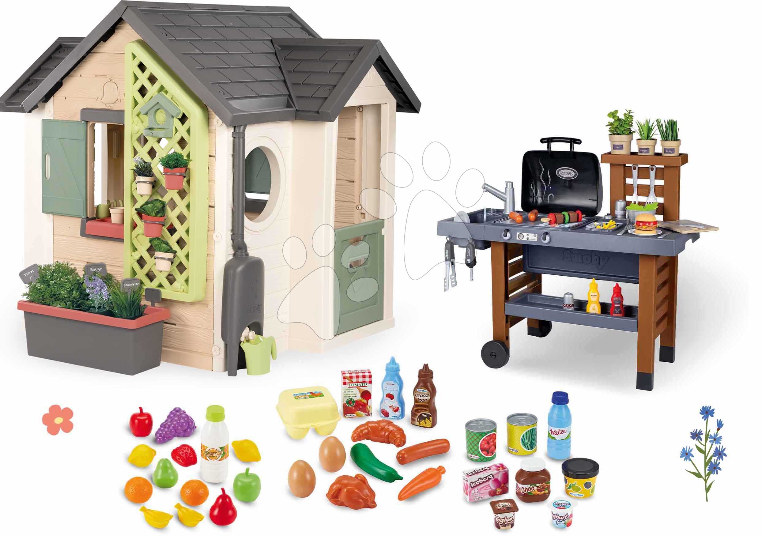 Set domček pre záhradníka a záhradný gril s potravinami Garden House Life Smoby rozšíriteľný s kvetináčmi