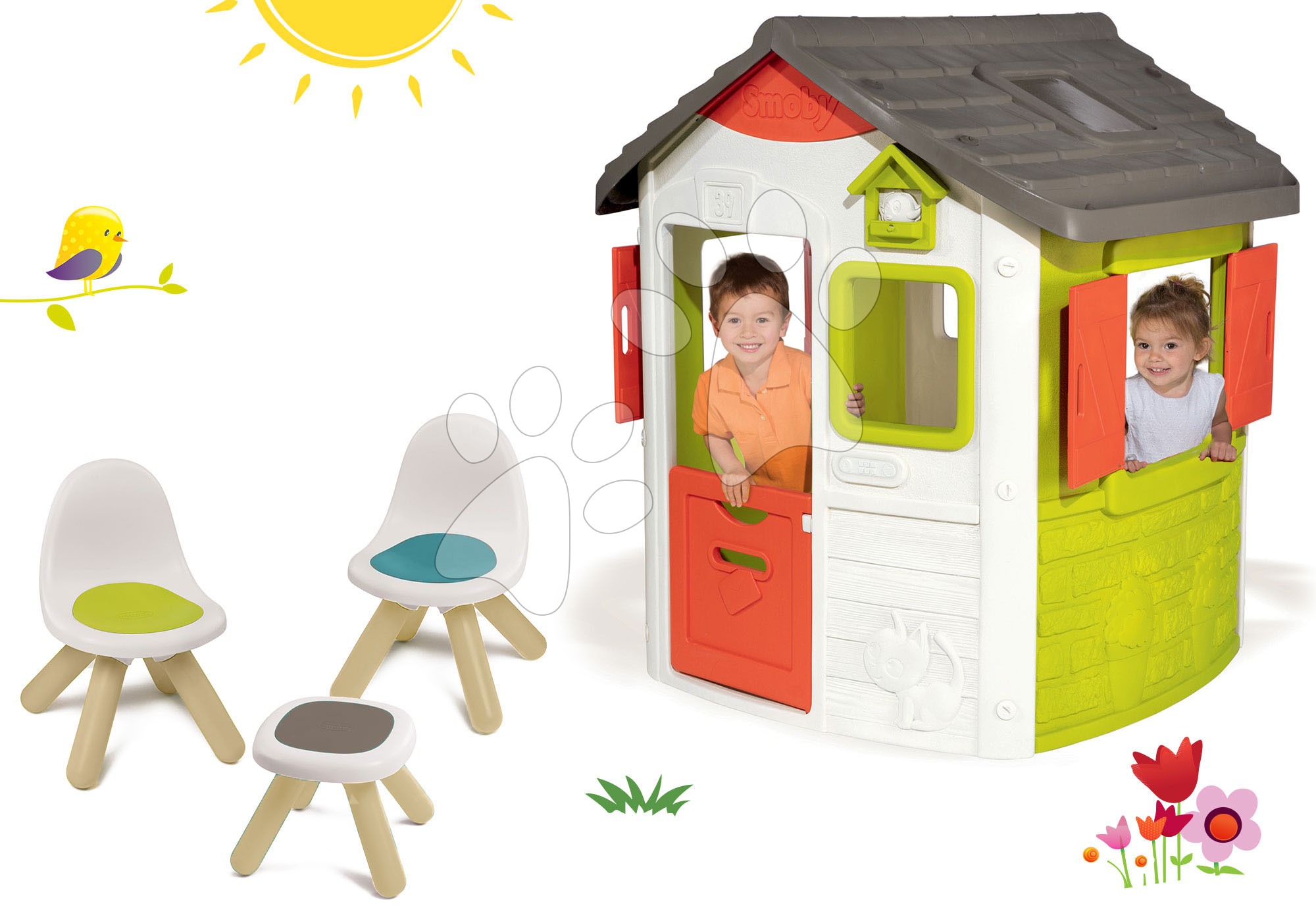 Domčeky s nábytkom - Set domček Neo Jura Lodge Smoby s dvoma dverami a piknik stolík s dvoma stoličkami KidChair