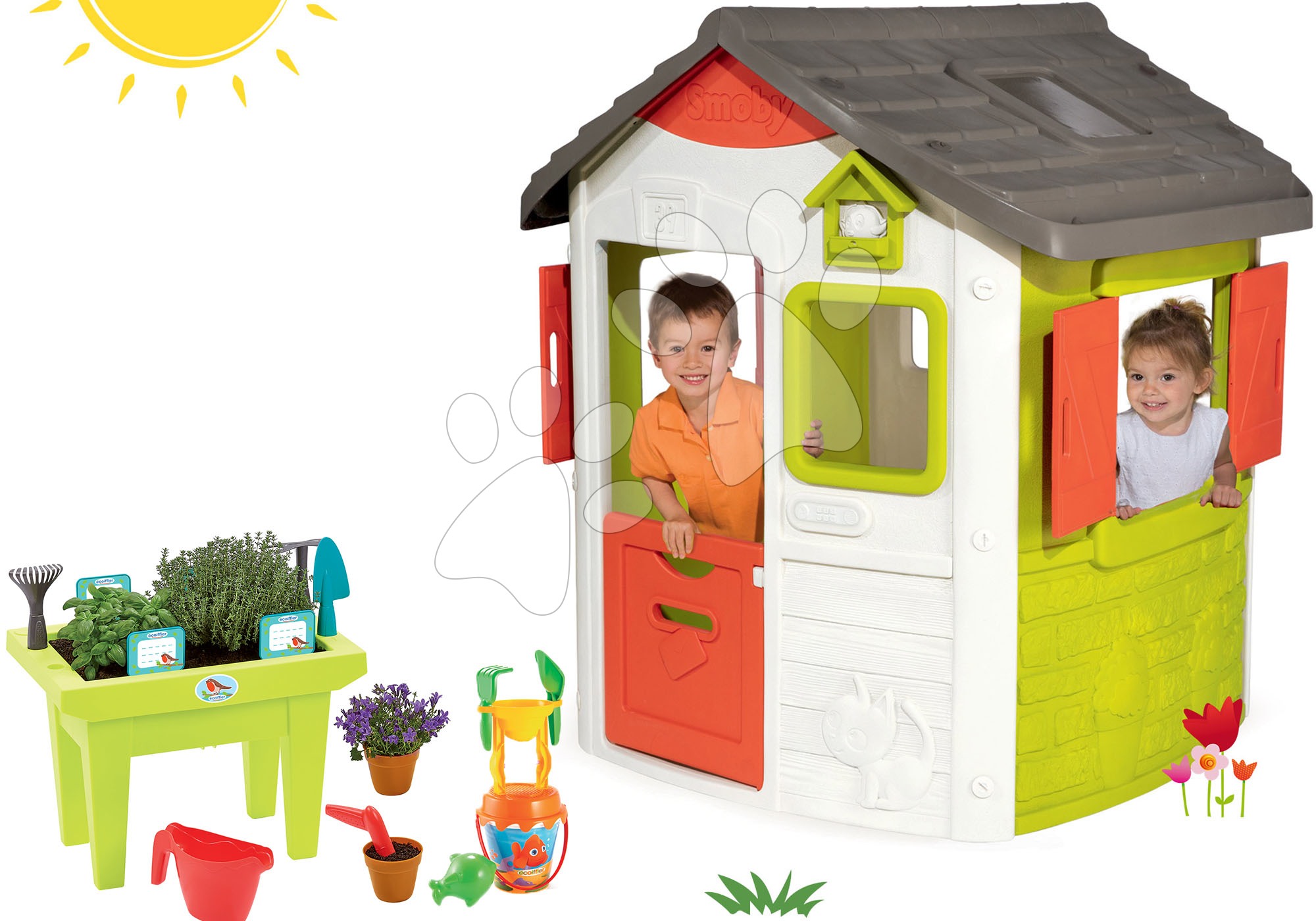 Domečky pro děti - Set domeček Neo Jura Lodge Smoby se dvěma dveřmi a stolek pro zahradníka od 24 měsíců
