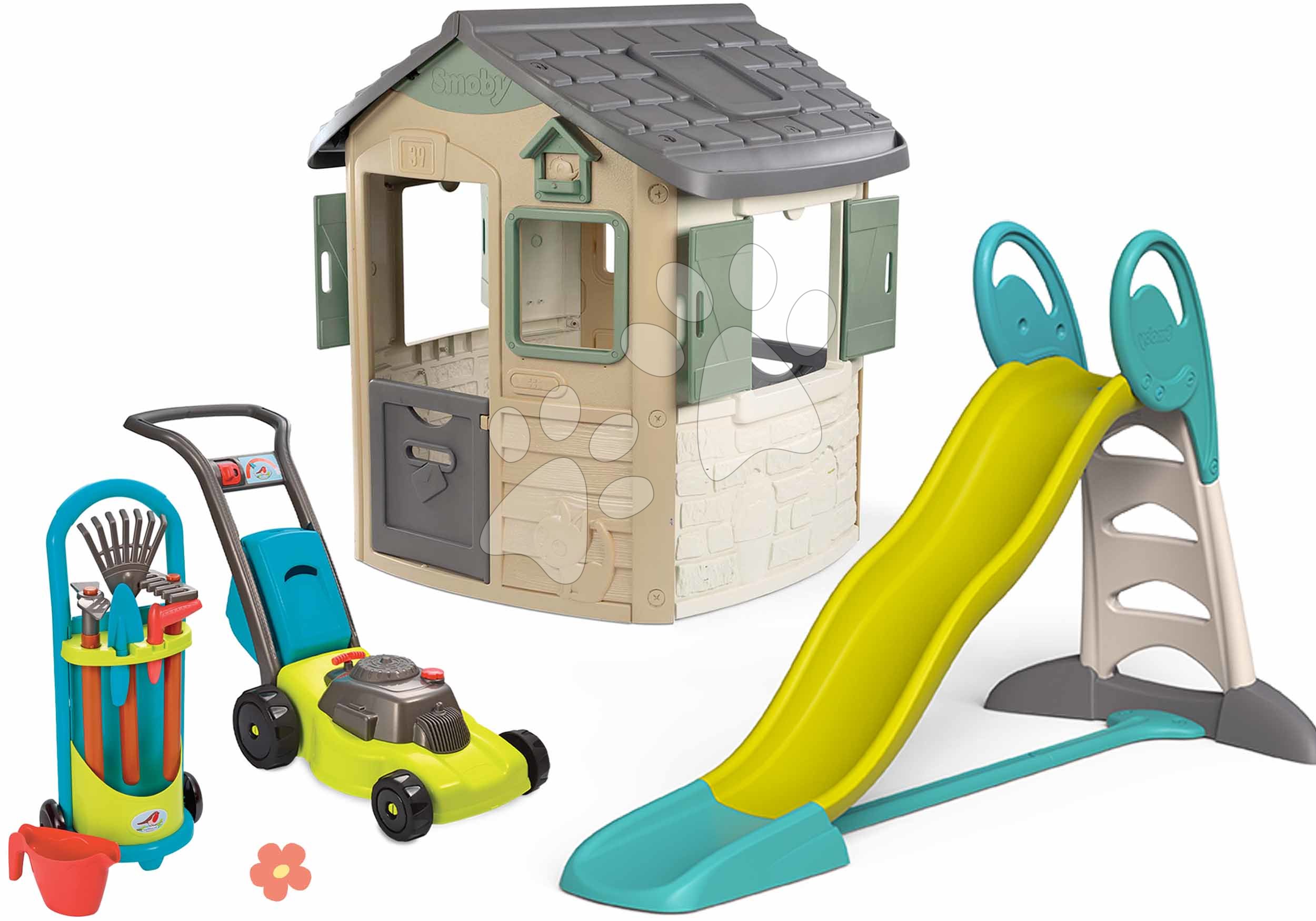 Set domček ekologický a 2,3 m šmykľavka Toboggan XL Neo Jura Lodge Playhouse Green Smoby rozšíriteľný s kosačkou a vozíkom na záhradu SM810503-9