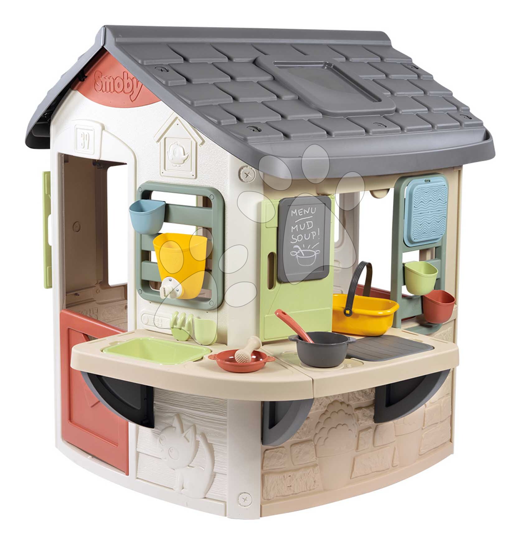 Domček s pracovným pultom pre záhradníka so 16 doplnkami Mud Cooking House Life Smoby rozšíriteľný s 2 dverami a funkčnou nádržou na vodu s UV filtrom od 24 mes