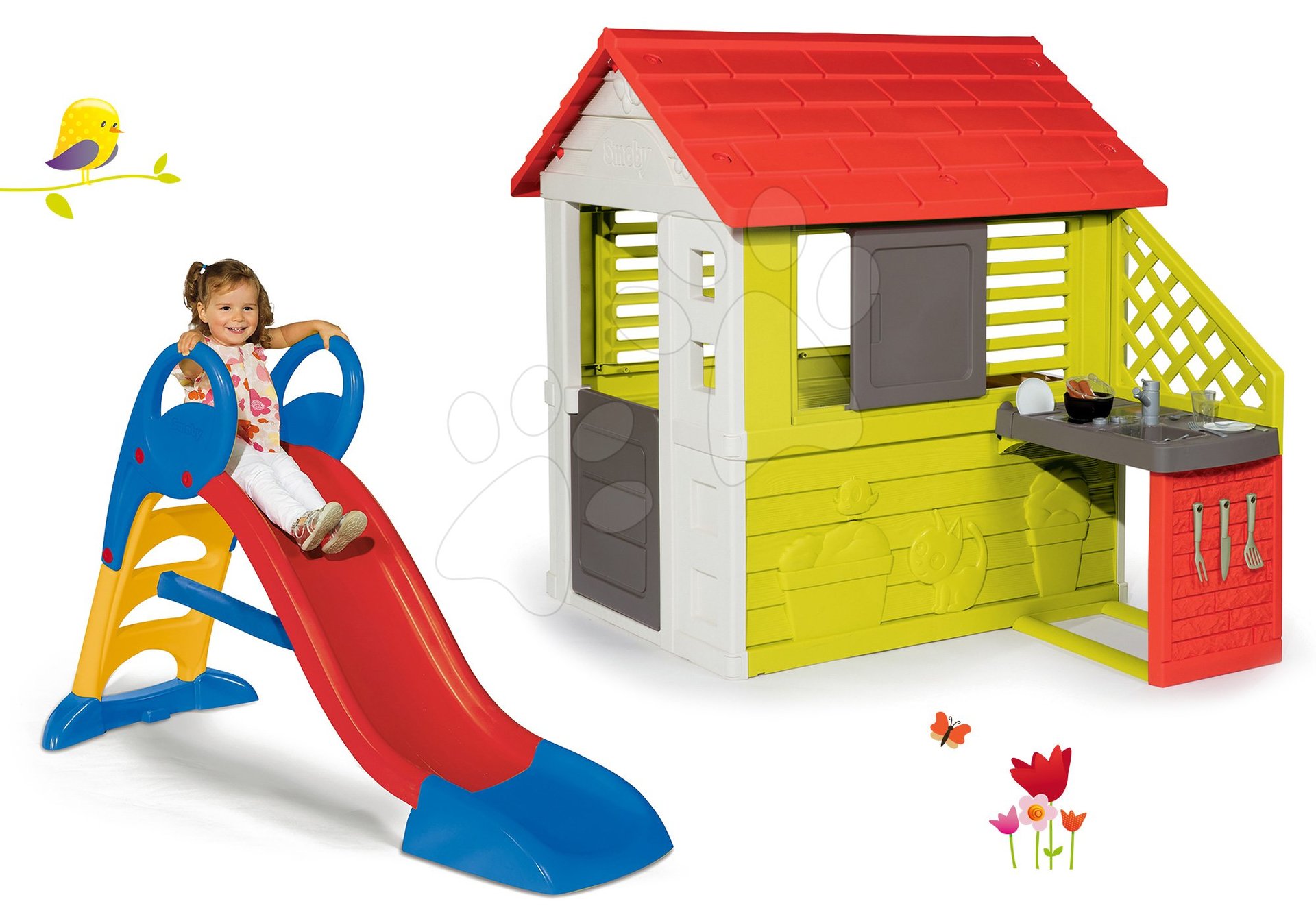 Smoby set domček Pretty Nature s letnou kuchynkou a okenicou a šmykľavka Toboggan KS 810702-29