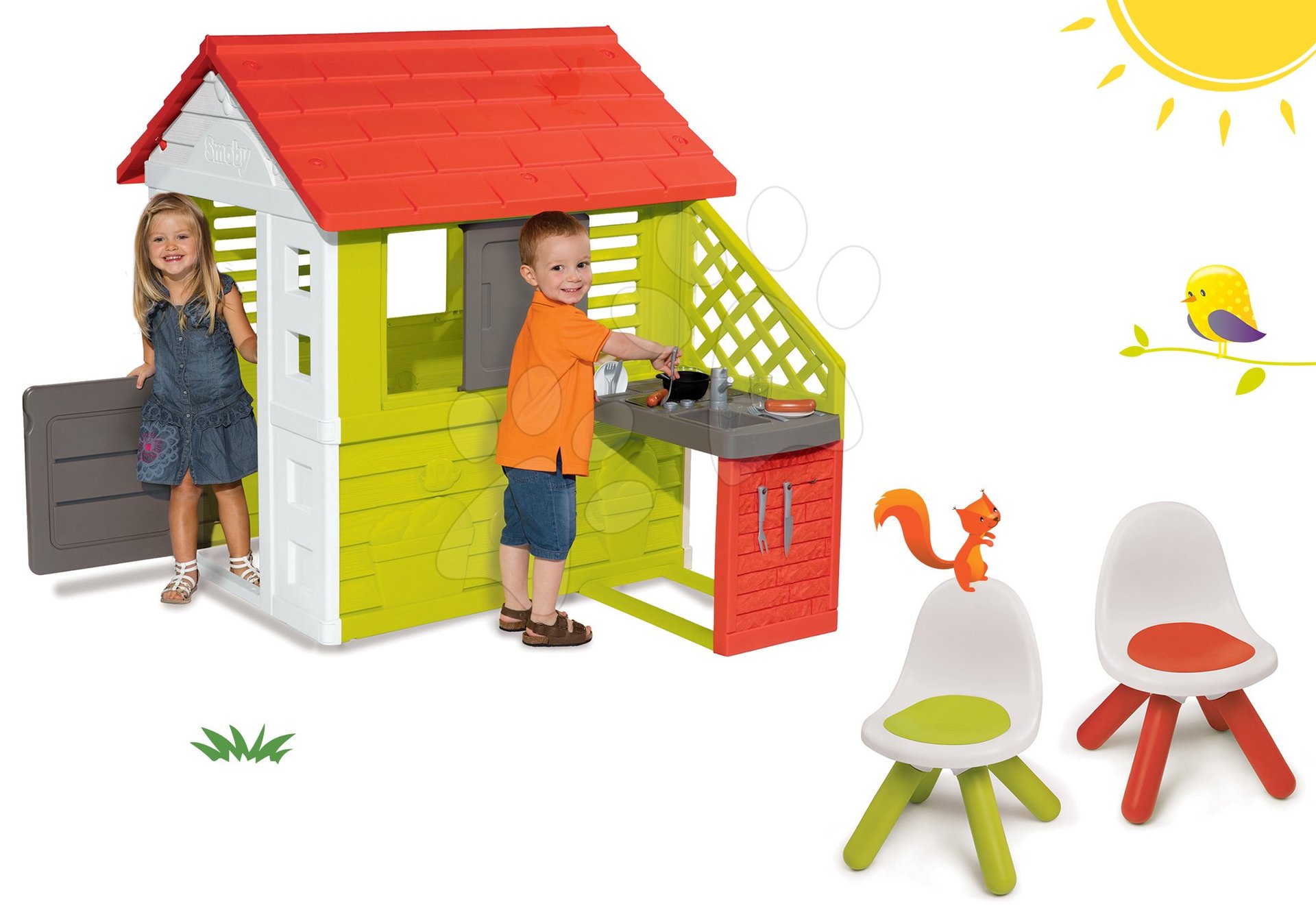 Domčeky s nábytkom - Set domček Pretty Nature Smoby s letnou kuchynkou a stolička KidChair zelená a červená od 24 mes
