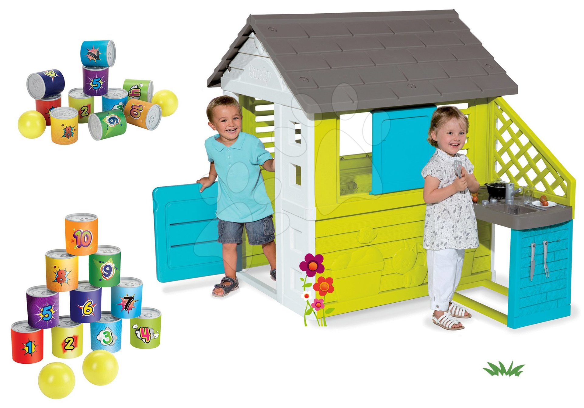 Set domček Pretty Blue Smoby s letnou kuchynkou a plechová pyramída so športovým setom od 24 mes