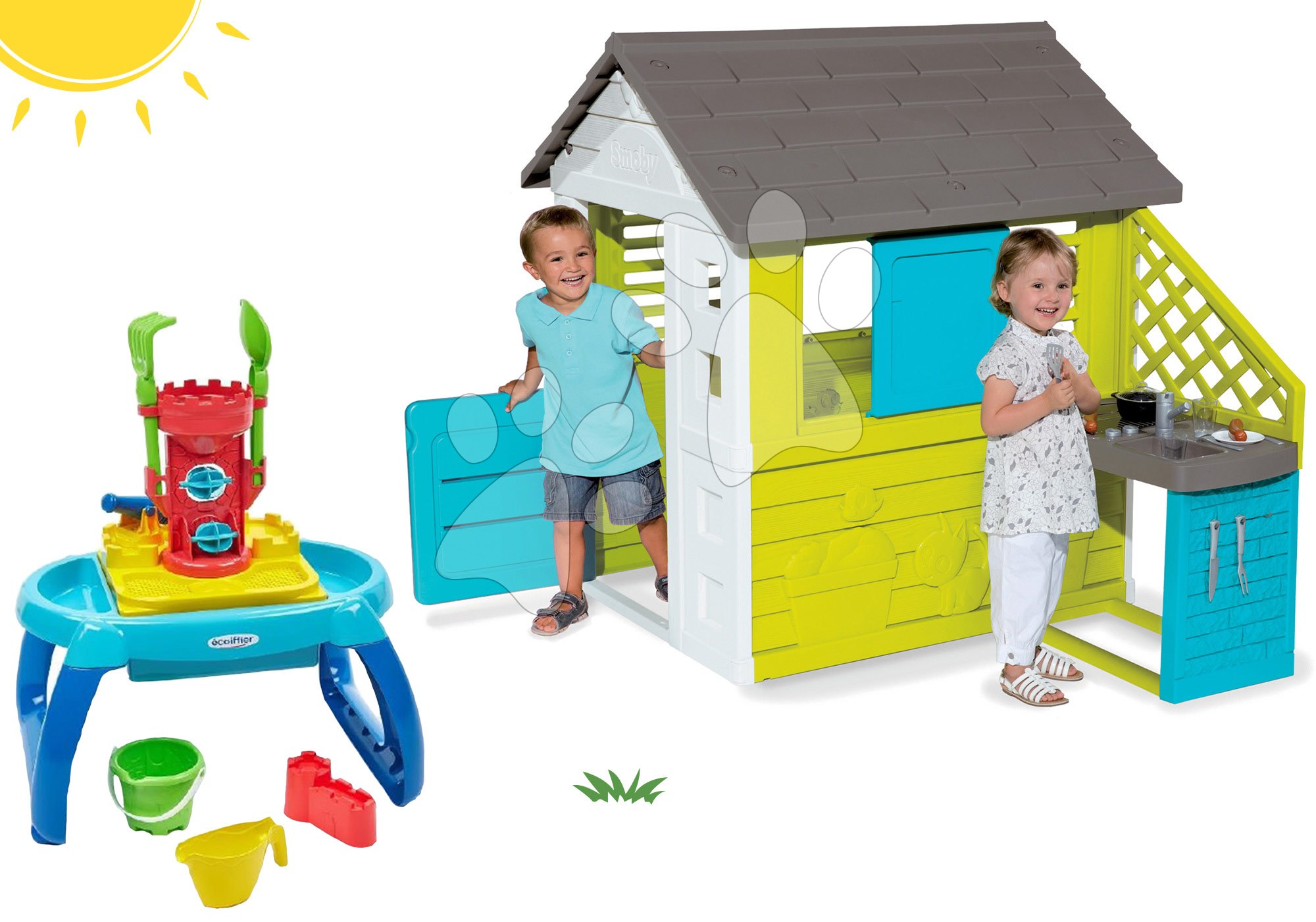 Smoby set detský domček Pretty Blue s letnou kuchynkou a pieskovisko stolík na vodu a piesok 810703-35
