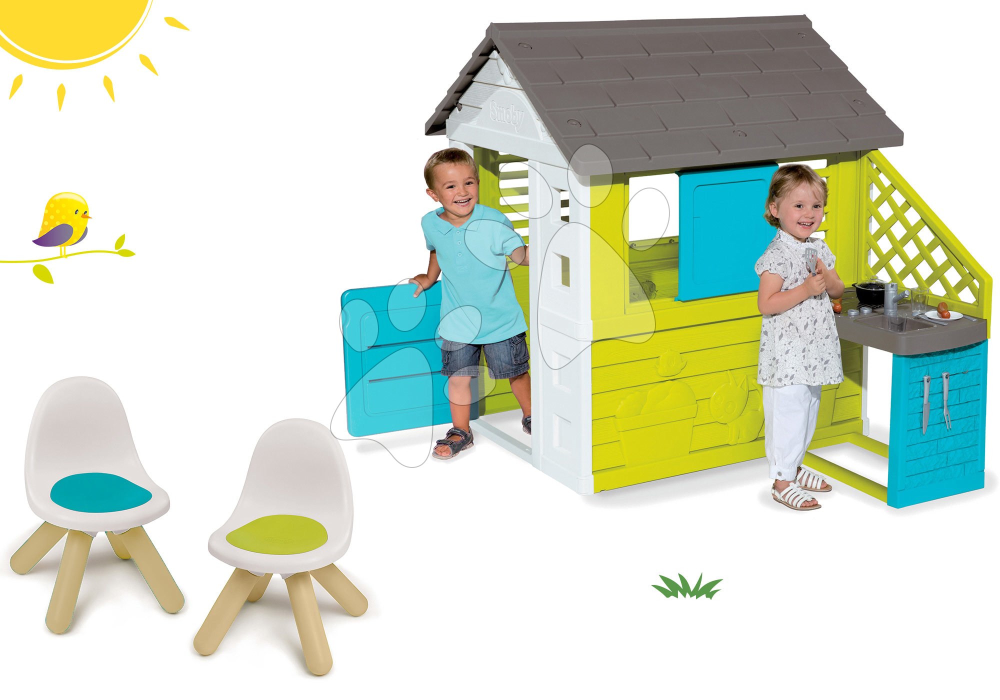 Domčeky s nábytkom - Set domček Pretty Blue Smoby s letnou kuchynkou a stolička KidChair zelená a modrá od 24 mes