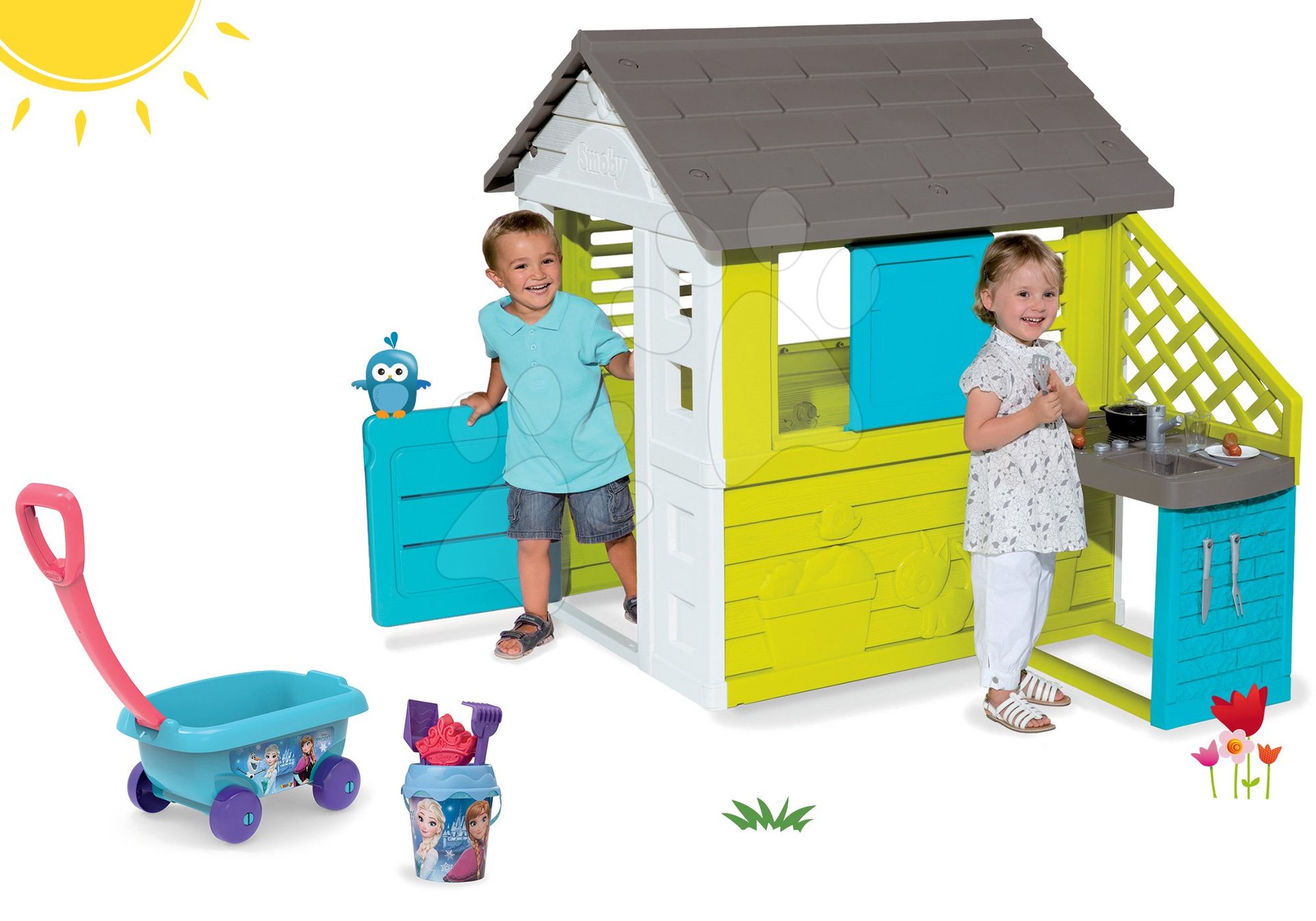 Set domček Pretty Blue Smoby s letnou kuchynkou a vozíkom s vedro setom od 24 mes