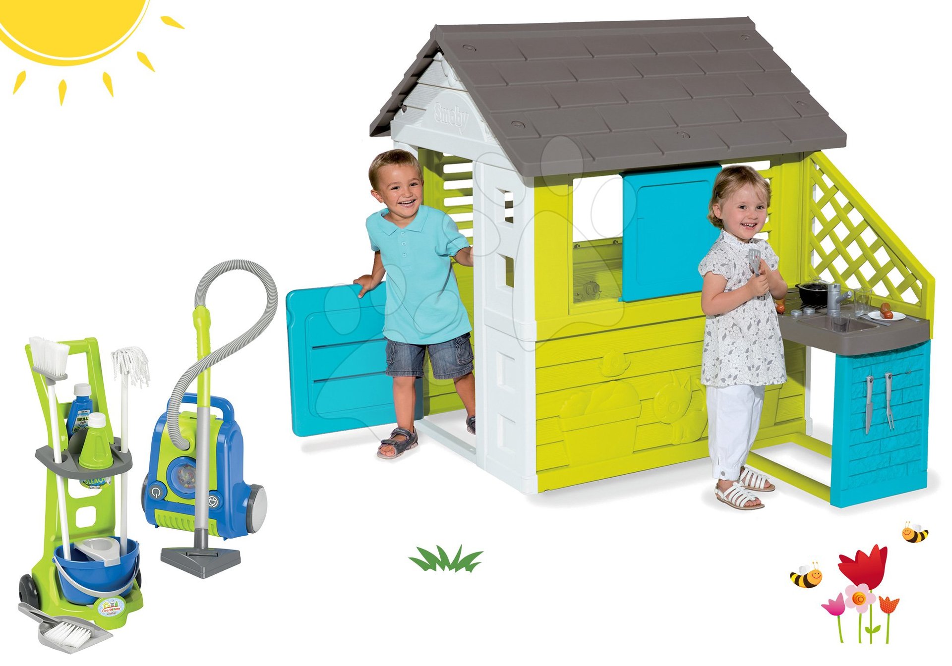 Smoby set detský domček Pretty Blue s letnou kuchynkou a upratovací vozík s vysávačom 810703-46
