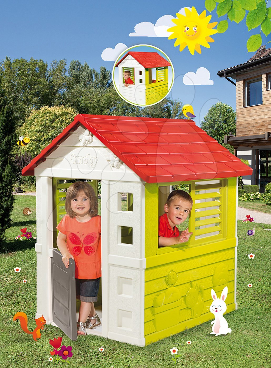 E-shop Smoby domček Lovely červeno-zelený s 3 oknami a 2 žalúziami, s UV filtrom 810705