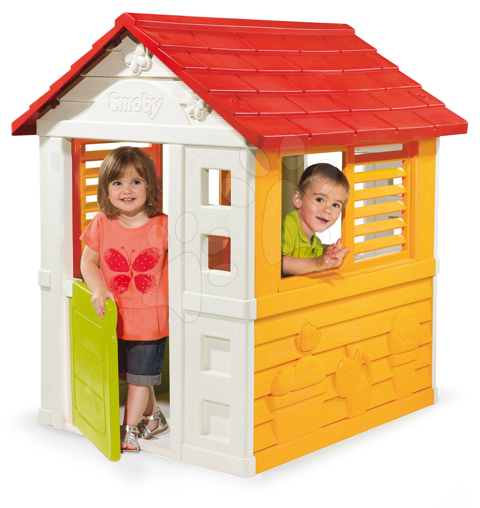Domčeky pre deti - Domček Sunny Smoby oranžovo-zelený s 3 oknami a 2 žalúziami s anti UV filtrom od 24 mes