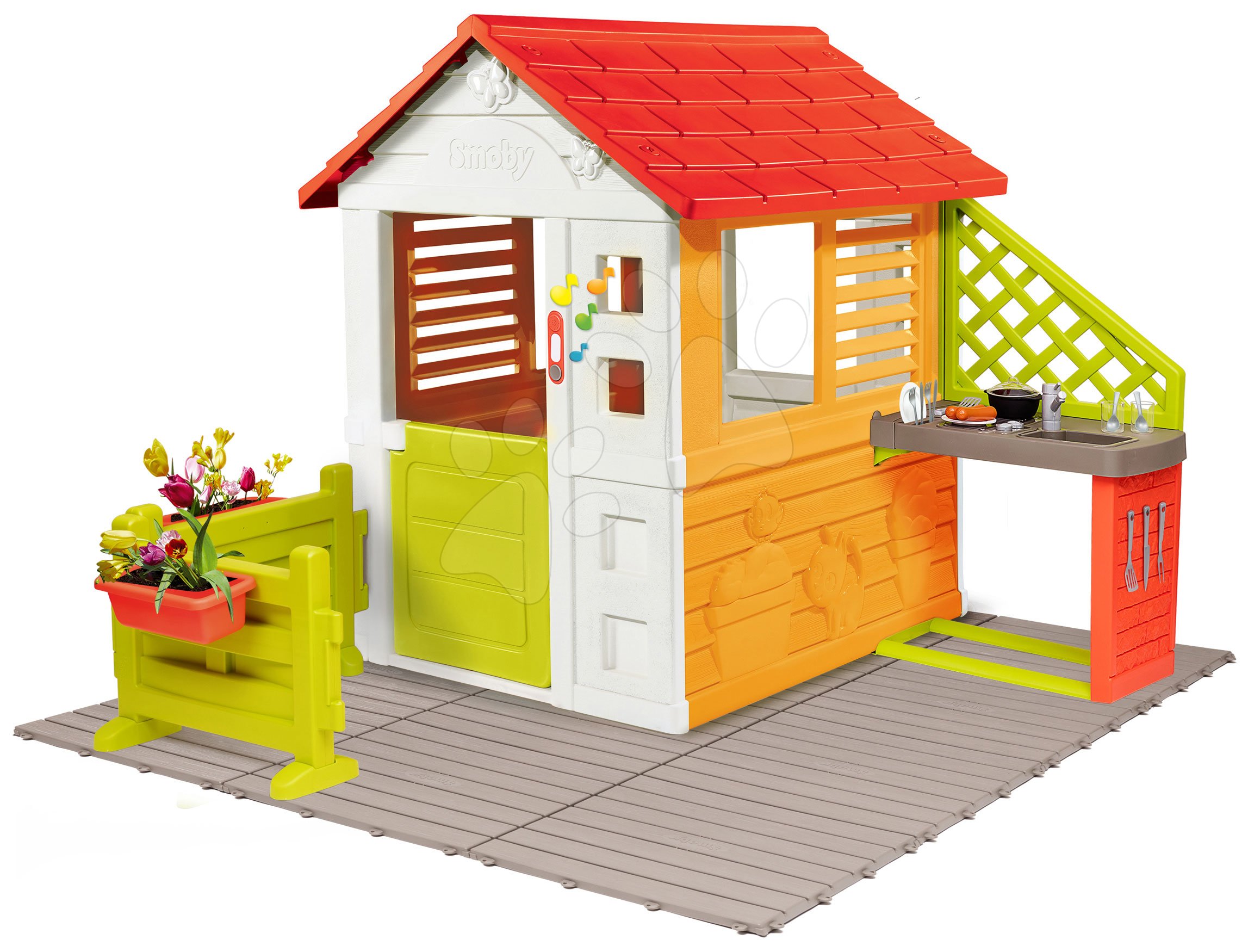 Domček Slniečko Sunny Smoby so zvončekom, podlahou, kuchynkou a záhradkou