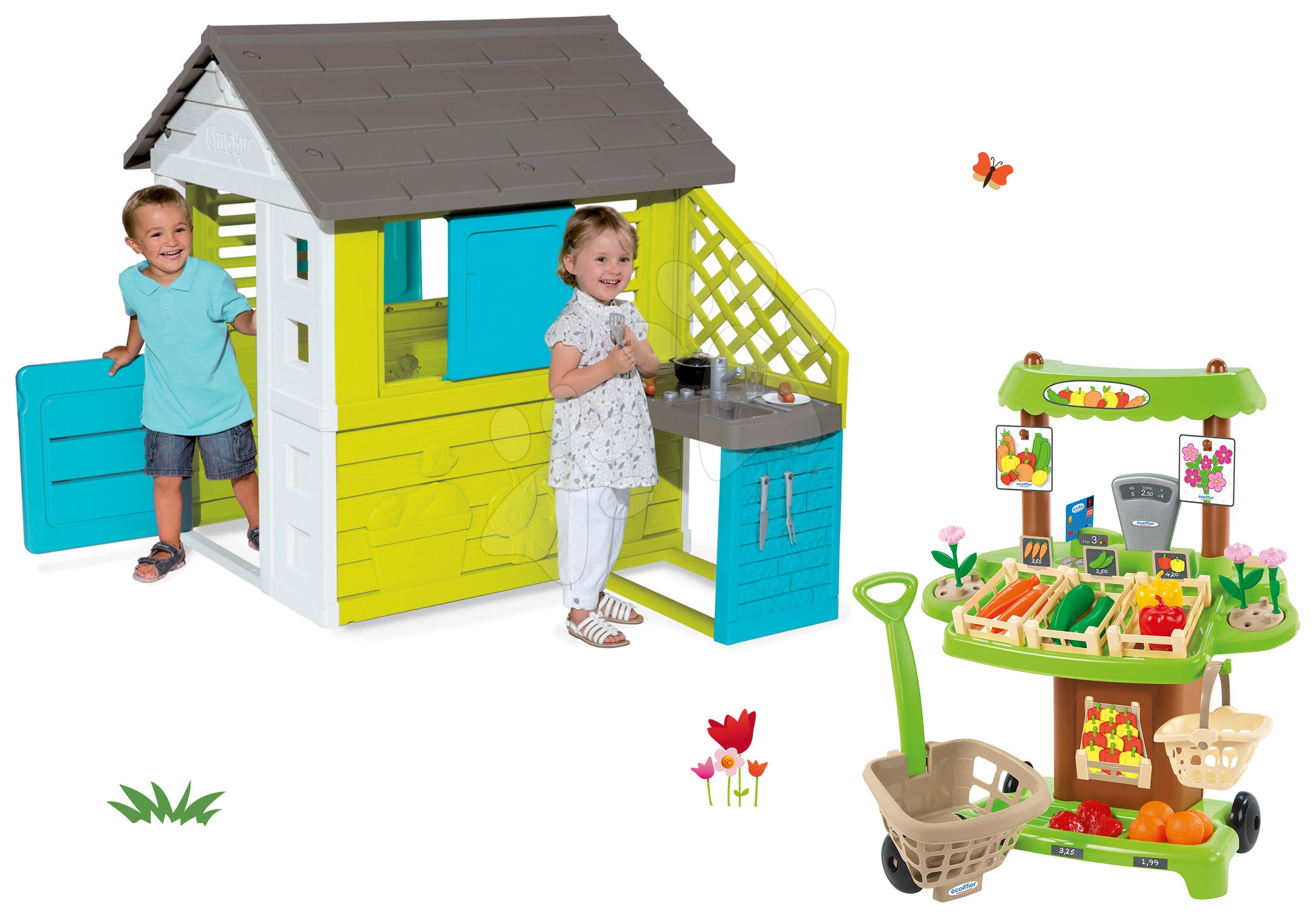 Set domček Pretty Blue Smoby s letnou kuchynkou a zeleninový stánok  so 41 doplnkami od 24 mes