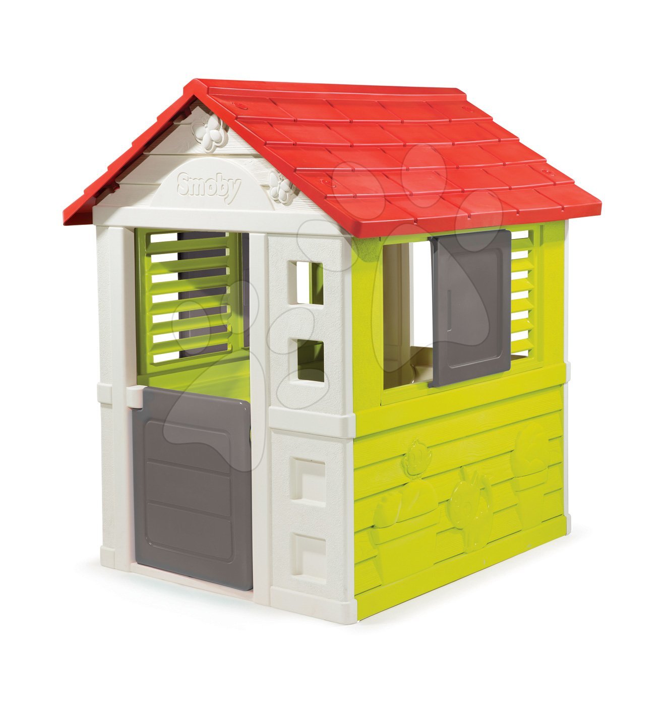 Domečky pro děti - Domeček Nature Smoby červeno-zelený 3 okna s 2 žaluziemi a 2 posuvnámi okenicemi s UV filtrem od 2 let