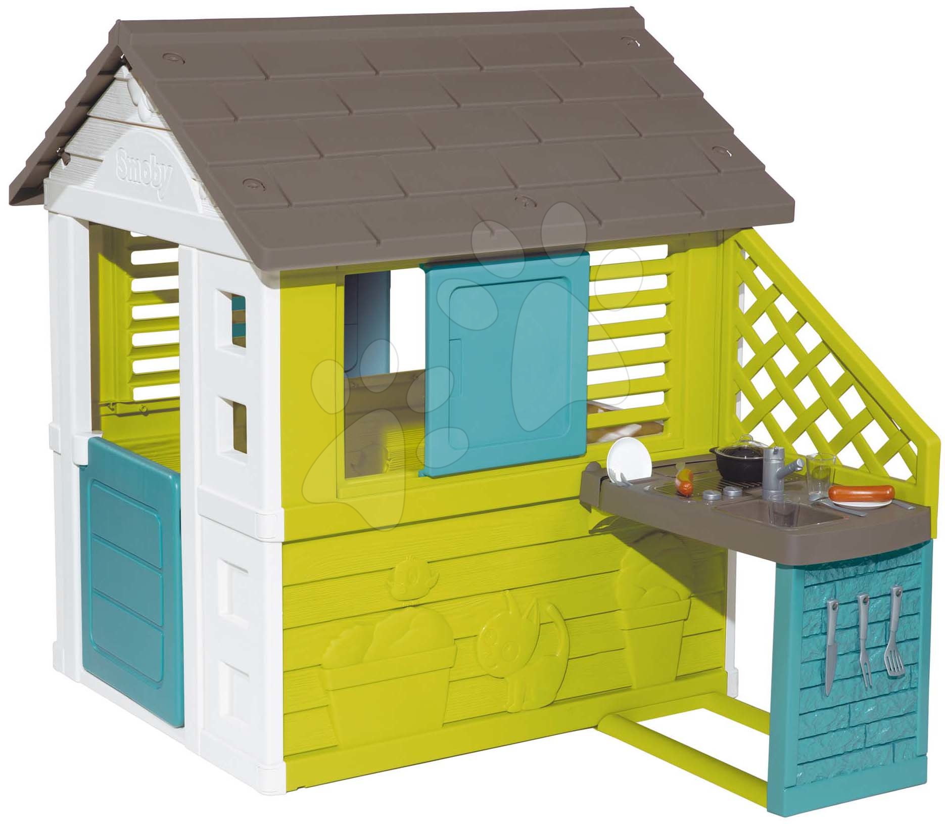 Kerti játszóházak gyerekeknek - Házikó konyhácskával Pretty New Grey Playhouse&Kitchen Smoby 2 ablak elhúzható zsalugáterekkel és felezett ajtó UV szűrő 2 évtől