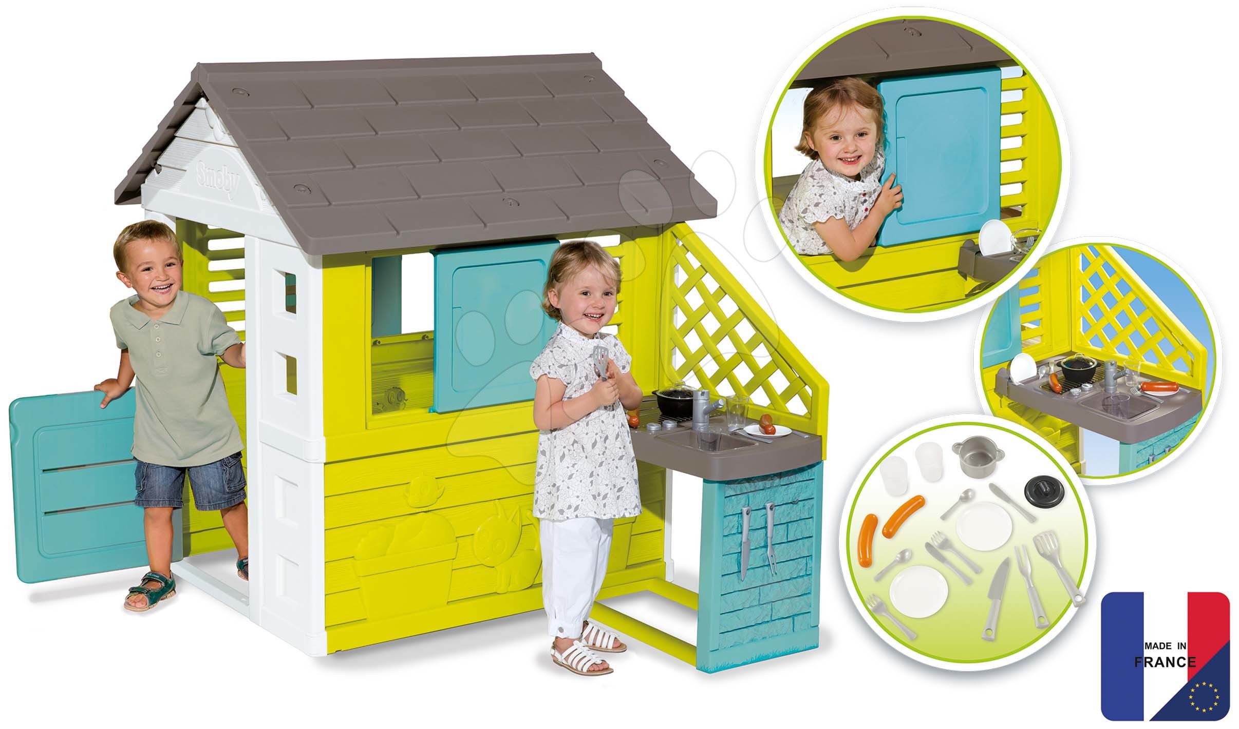 Házikó konyhácskával Pretty New Grey Playhouse&Kitchen Smoby 2 ablak elhúzható zsalugáterekkel és felezett ajtó UV szűrő 2 évtől