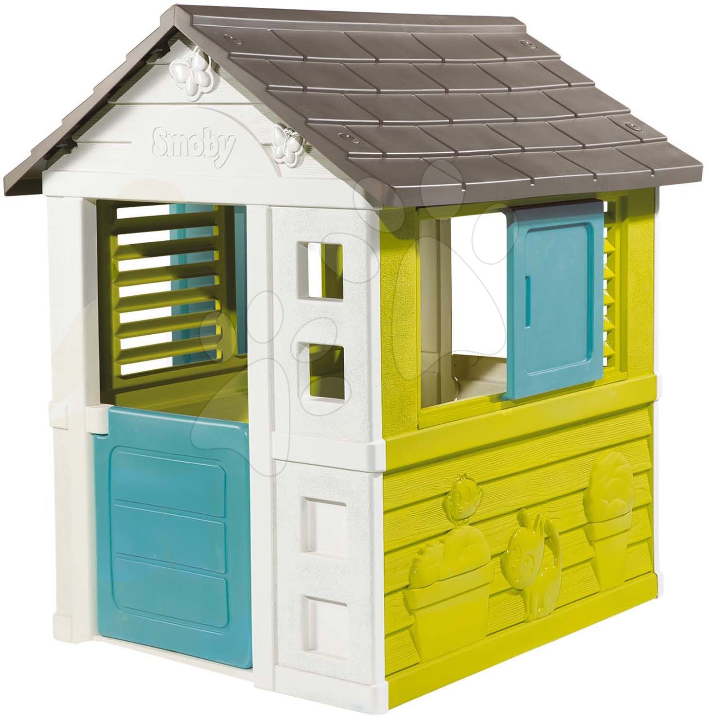 Domeček Pretty New Grey Playhouse Smoby s 2 okny se žaluziemi a posuvnými okenicemi a poloviční dveře UV filtr od 2 let