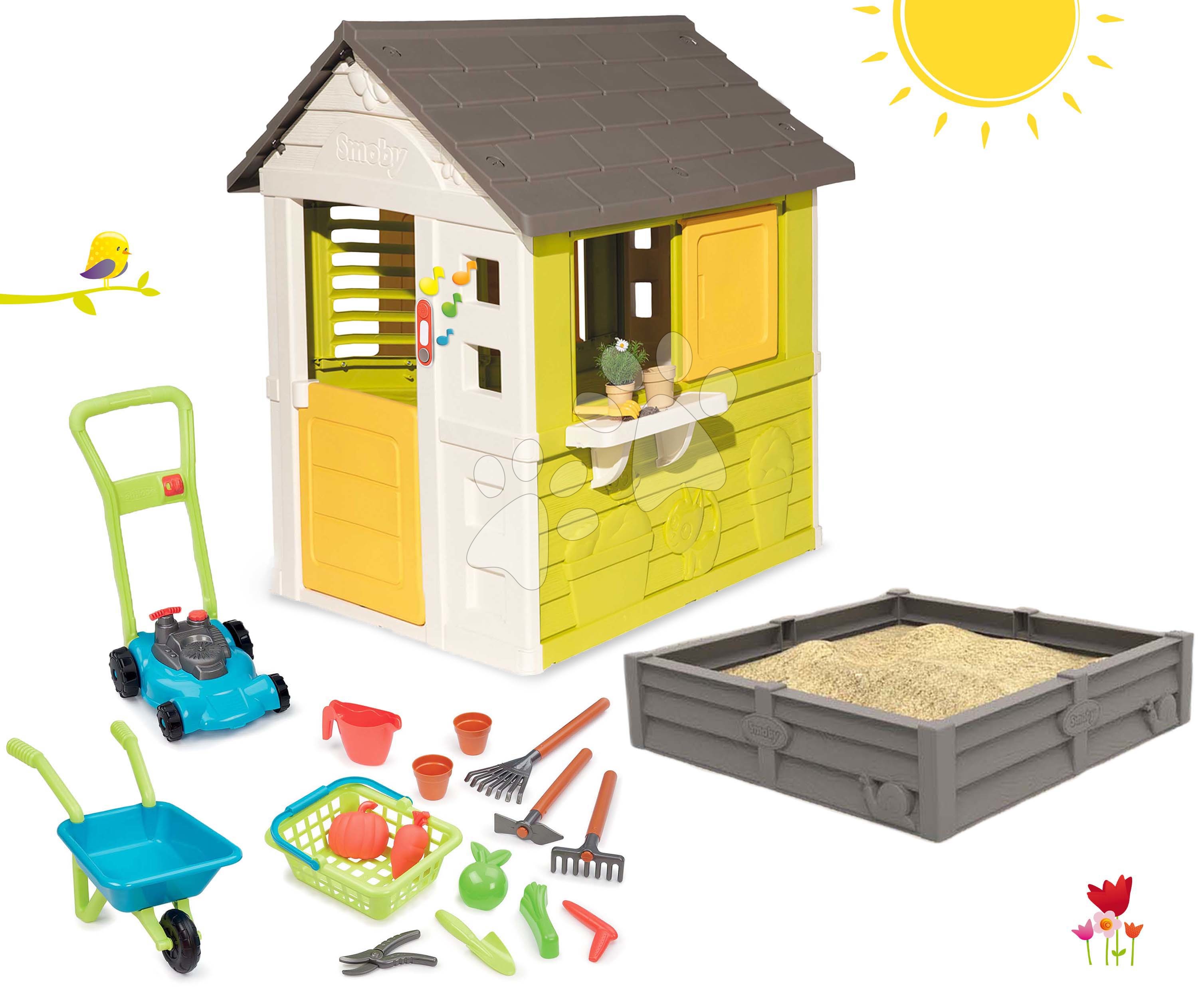 Spielhaus Pretty Sunny Flowers mit Sandkasten und Werkzeug S | Gartenspielgeräte