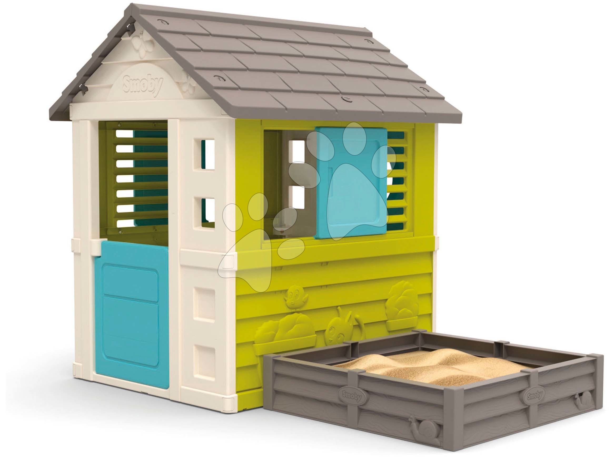 Hišice za otroke - Hišica s peskovnikom Square Playhouse Pretty Blue Smoby z 2 okni in premičnimi naoknicami in UV filtrom od 24 mes