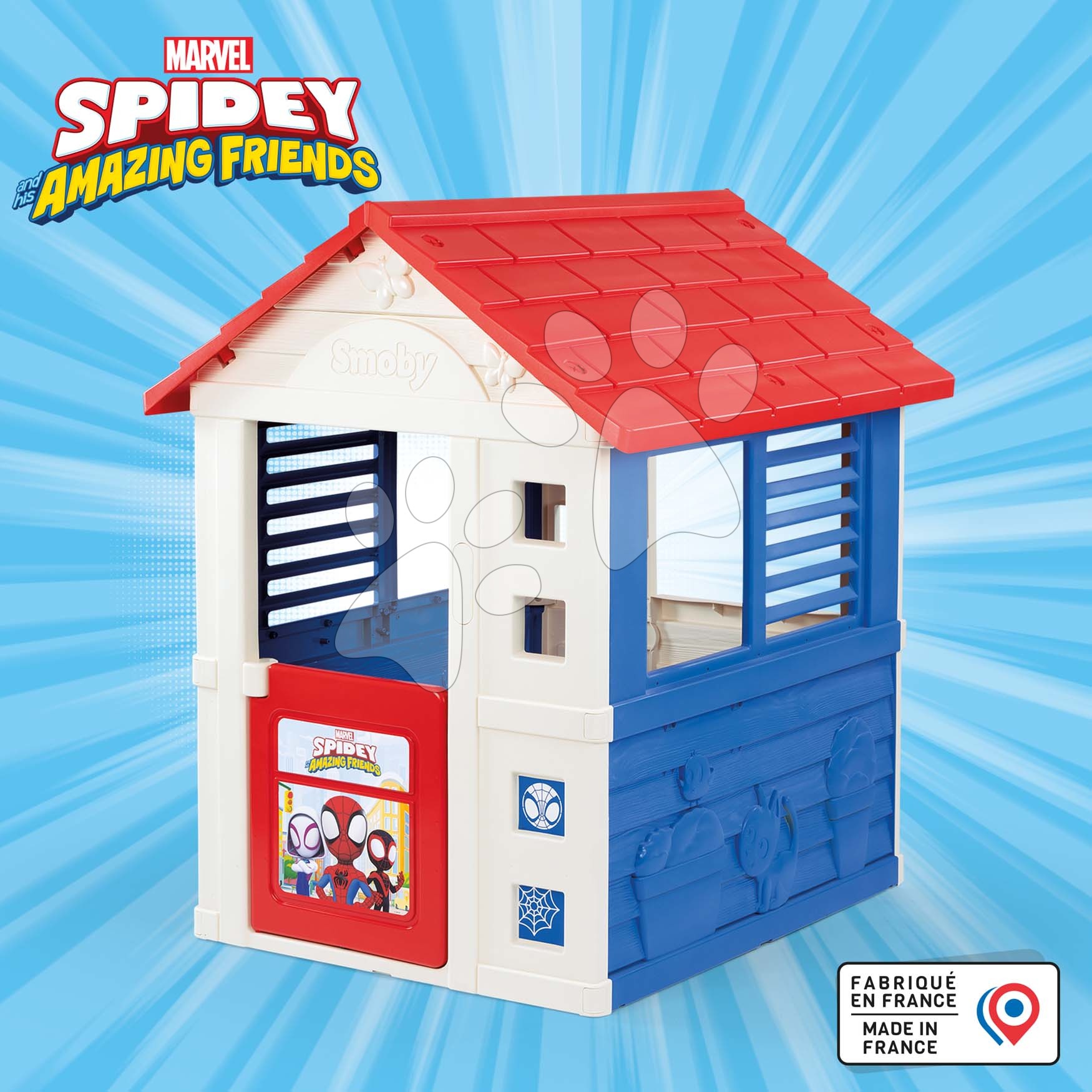 Domeček Spidey Marvel s polovičními dveřmi a okny se žaluzie