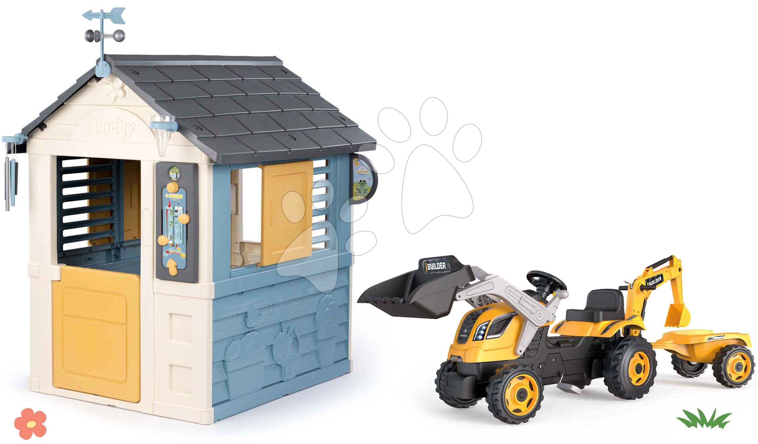 Set domeček meteorologická stanice s traktorem na šlapání Čtyři roční období 4 Seasons Playhouse Smoby s nakladačem a bagrem