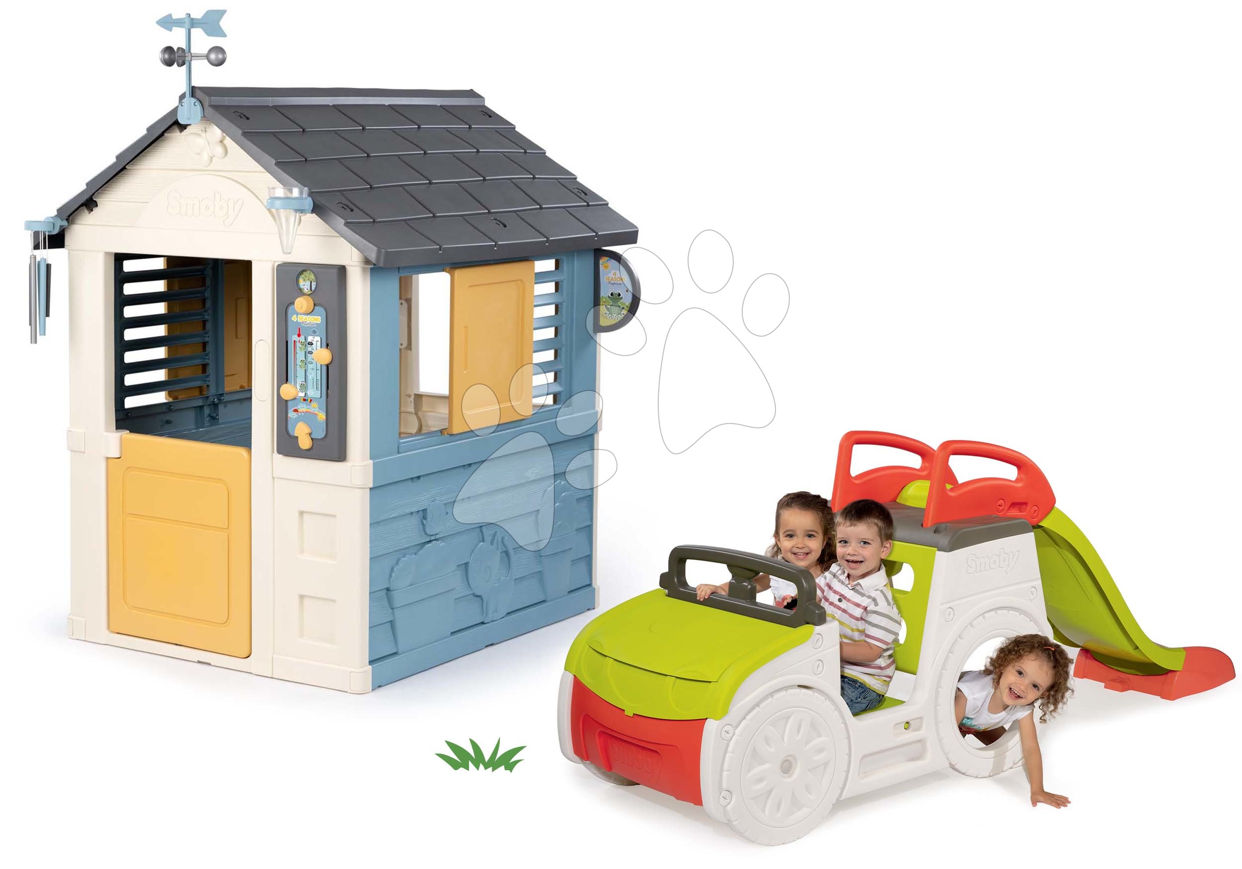 Set domeček meteorologická stanice s prolézačkou auto Čtyři roční období 4 Seasons Playhouse Smoby se skluzavkou1,5 m