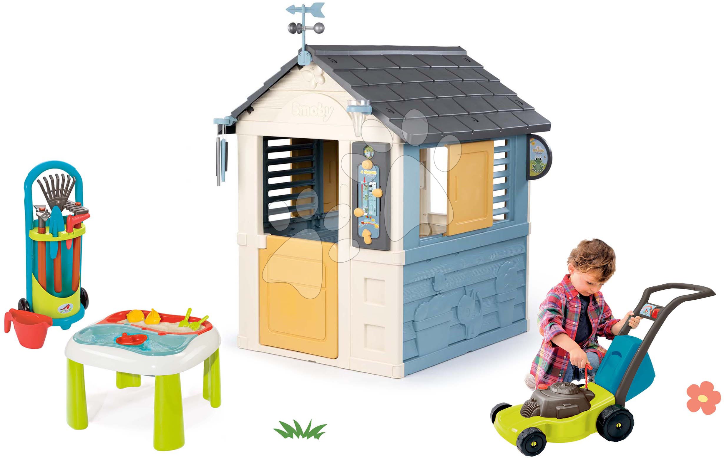 Set domček meteorologická stanica a stolík na vodu a piesok Štyri ročné obdobia 4 Seasons Playhouse Smoby s kosačkou s vozíkom a náradím