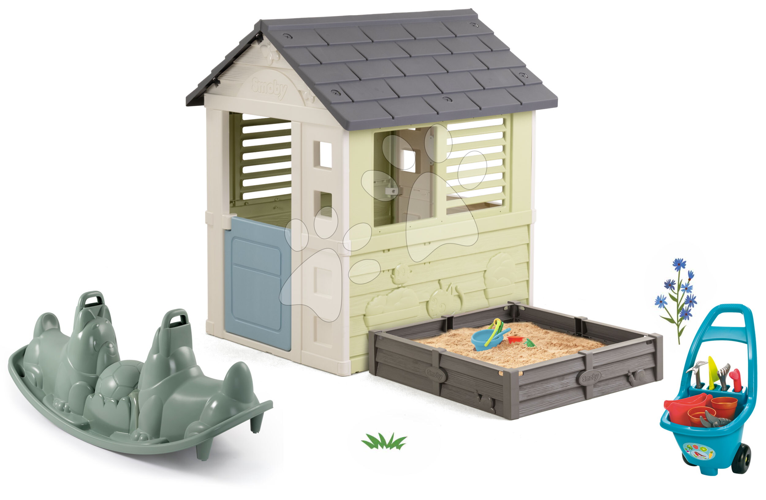 Set domček s pieskoviskom a záhradka s hojdačkou Square Playhouse Life Smoby rozšíriteľný so záhradným vozíkom s náradím