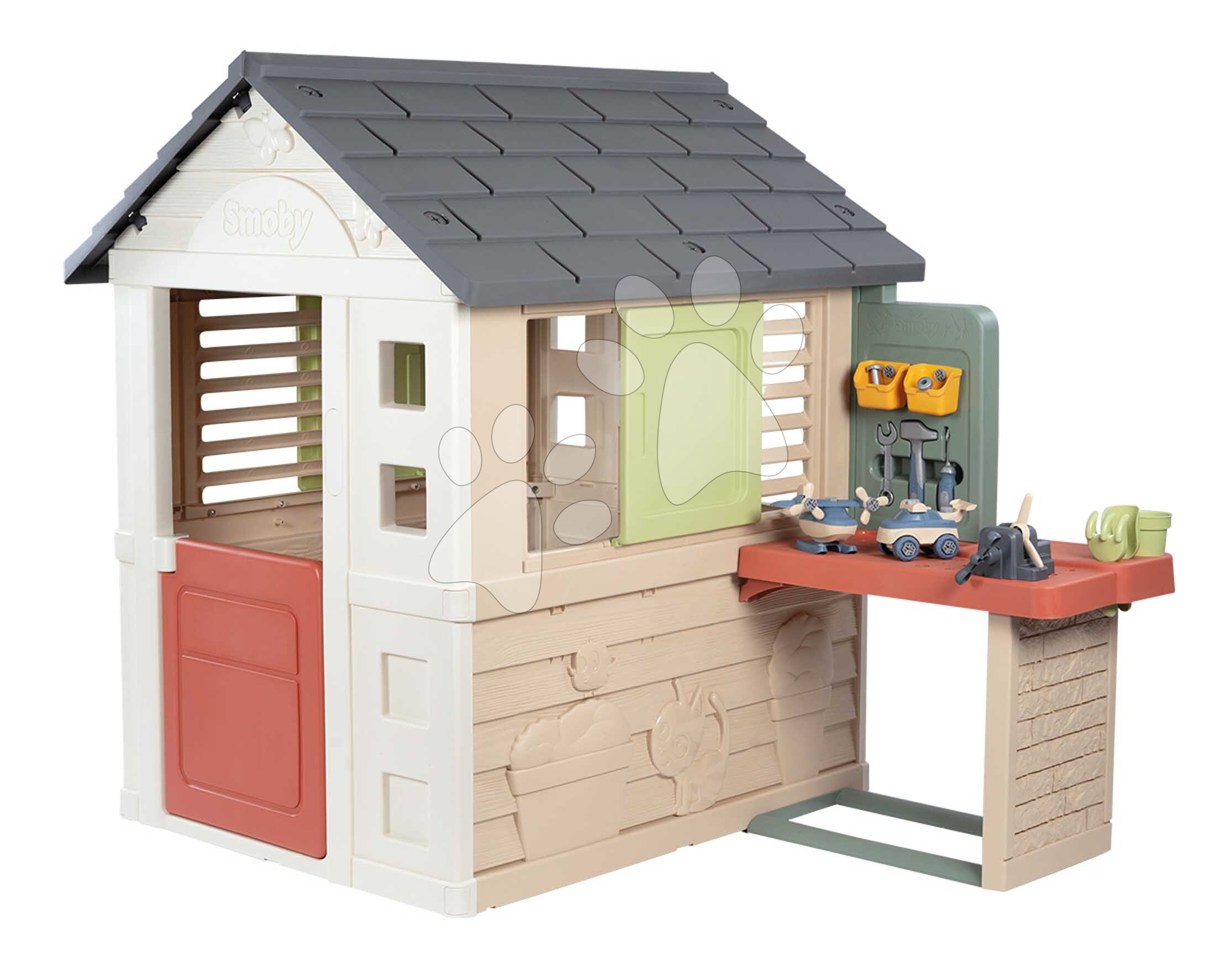 Domček s pracovnou dielňou a 39 doplnkami Nature Playhouse Workshop Life Smoby rozšíriteľný 2 okná so žalúziami a okenicami s UV filtrom od 24 mes