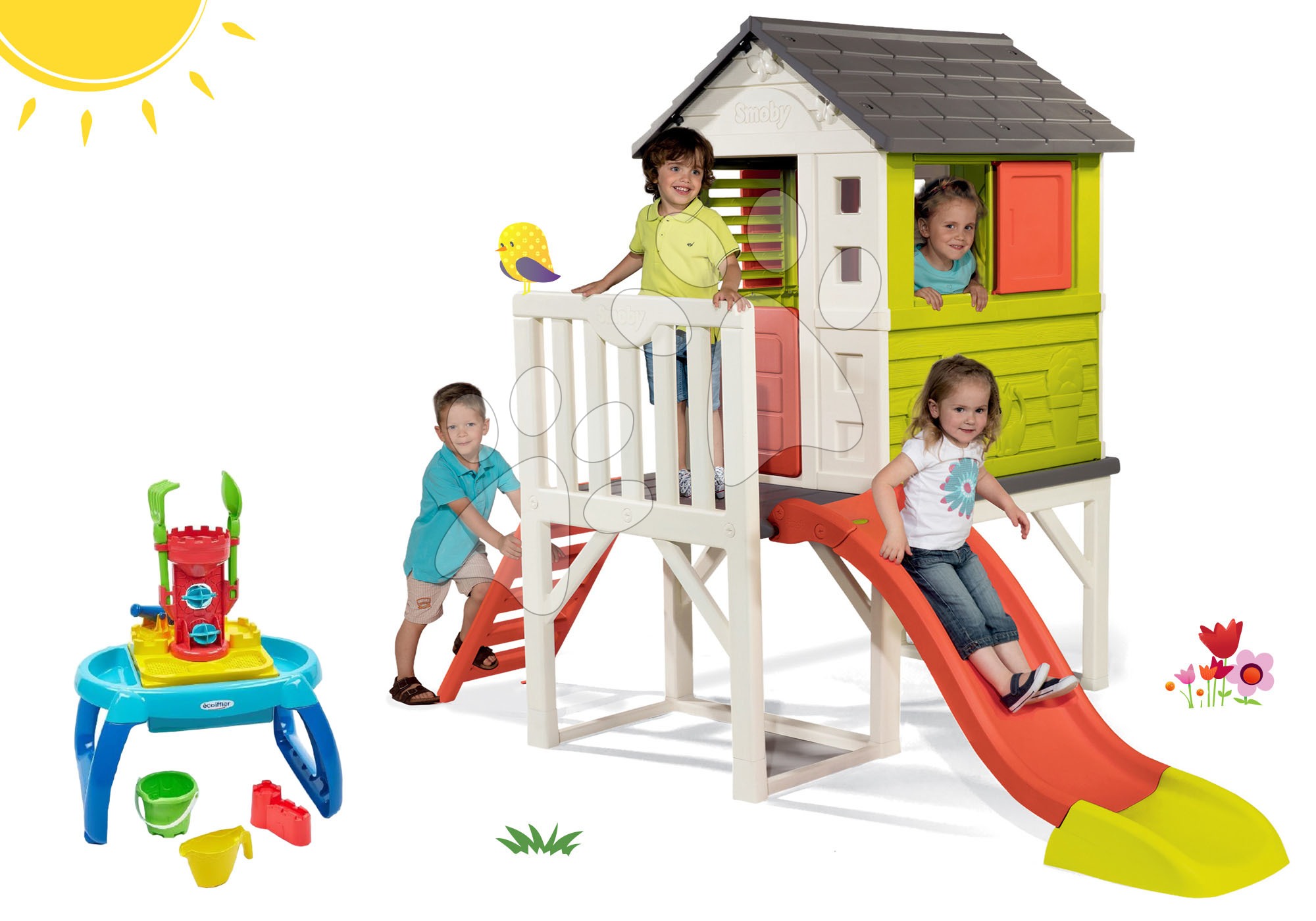 Smoby set detský domček na pilieroch Pilings House s 1,5 m šmykľavkou a pieskovisko stolík na vodu a piesok 810800-30