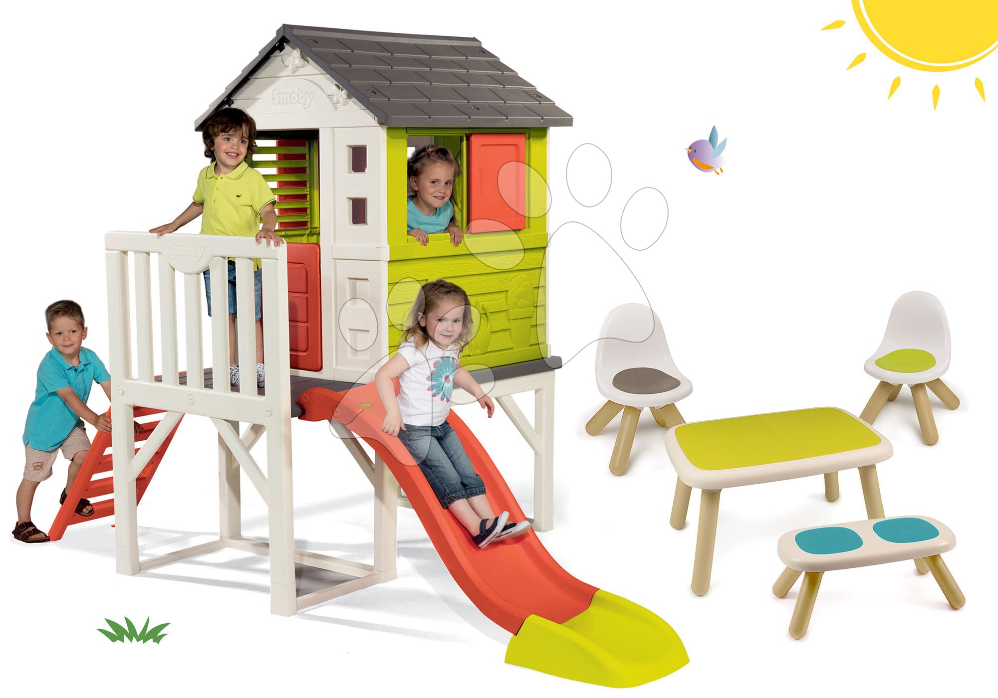 Set detský domček na pilieroch Pilings House Smoby s 1,5 m šmykľavkou a stôl s lavičkou a dve stoličky KidChair