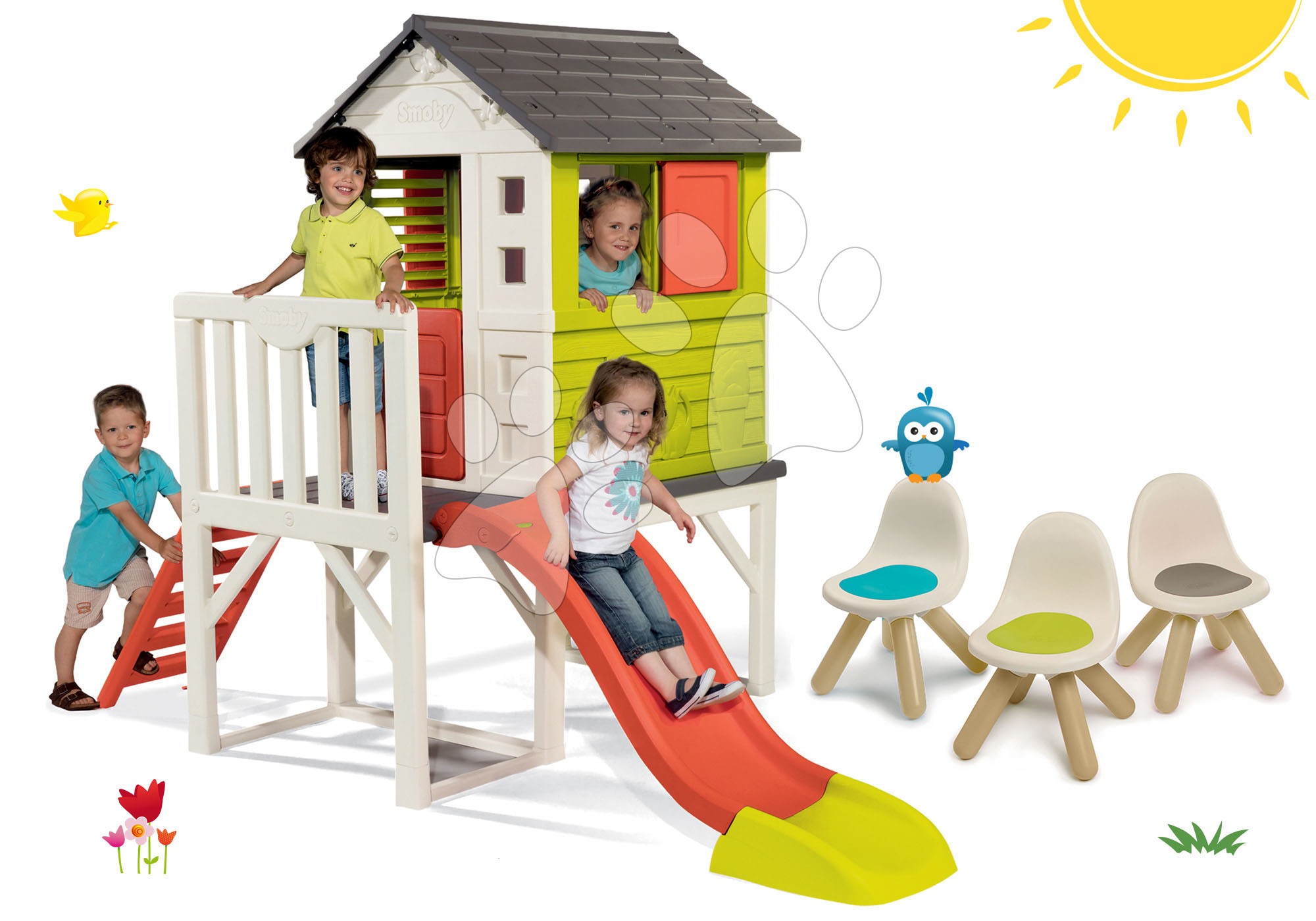 Smoby set detský domček na pilieroch Pilings House s 1,5 m šmykľavkou a 3 stoličky Kid Chair 810800-8