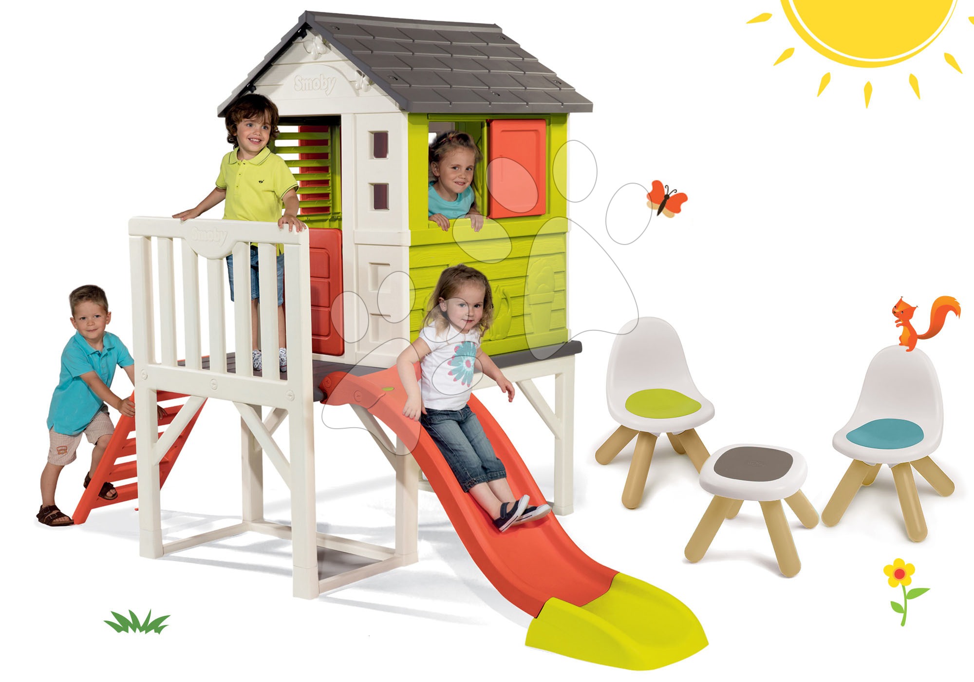 Smoby set detský domček na pilieroch Pilings House s 1,5 m šmykľavkou, 2 ks stoličky Kid Chair a stolík 810800-9