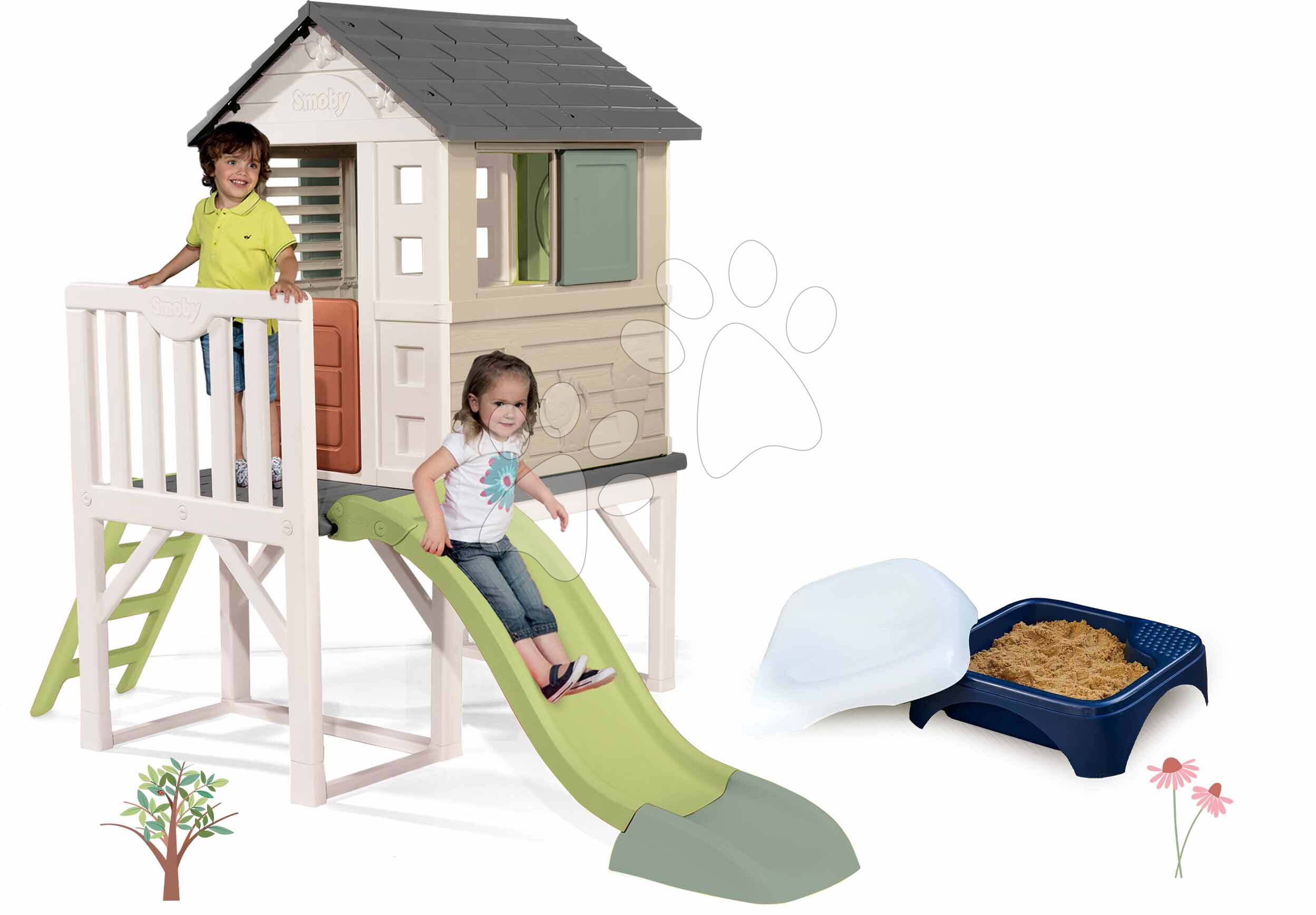 Set domček na pilieroch a pieskovisko so sedadlom House On Stilts Life Smoby rozšíriteľný s 1,5 m šmykľavkou s vodotryskom