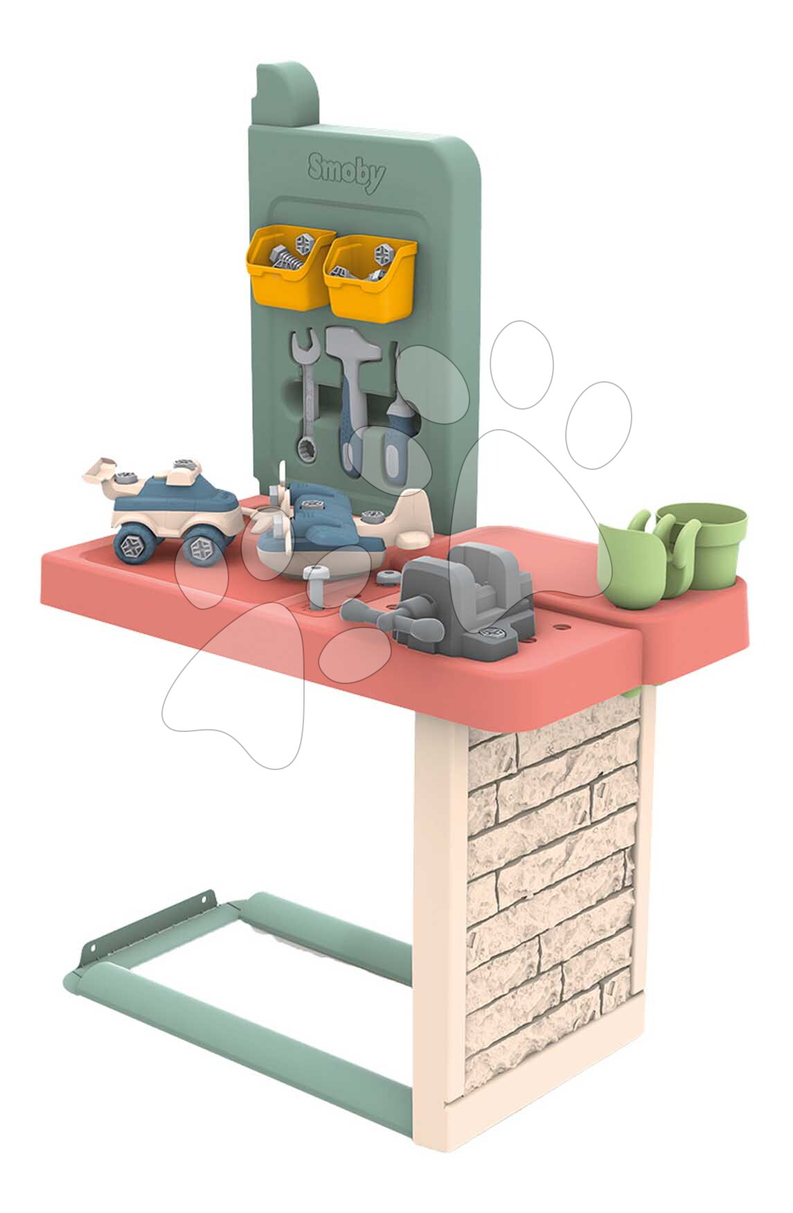 Pracovná dielňa s 39 doplnkami k domčekom Smoby Garden Workshop so stavebnicou auta a pracovným náradím od 24 mes