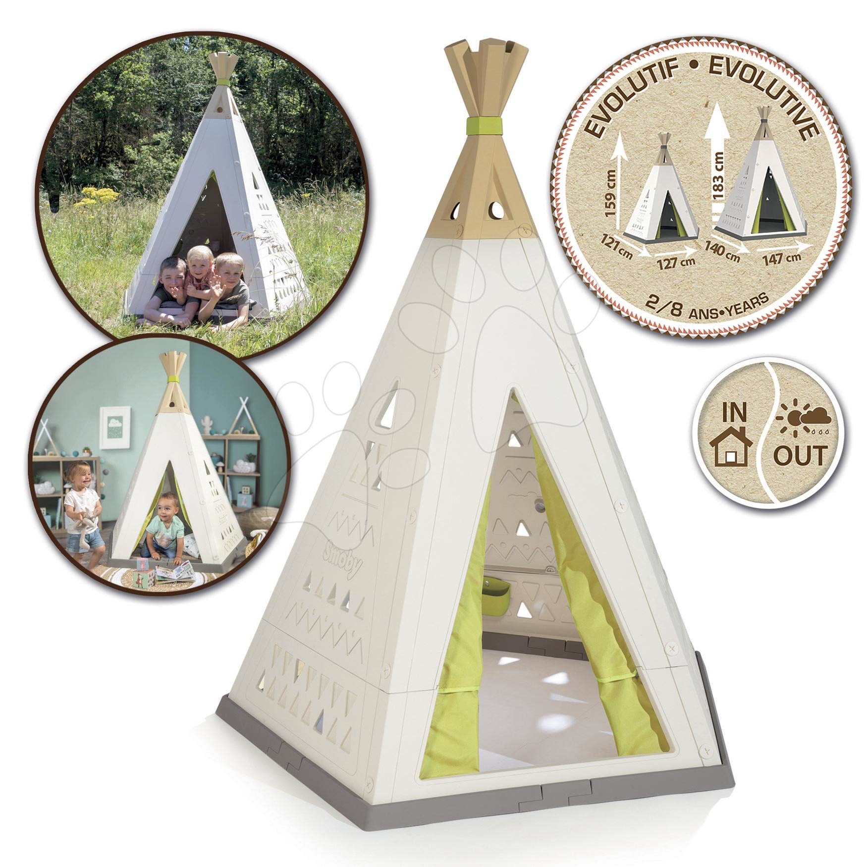 Sátor természetes Indoor&Outdoor Teepee Evolutive Smoby magasságilag állítható 159-184 cm textil függönnyel UV szűrő 2-8 éves gyerekeknek