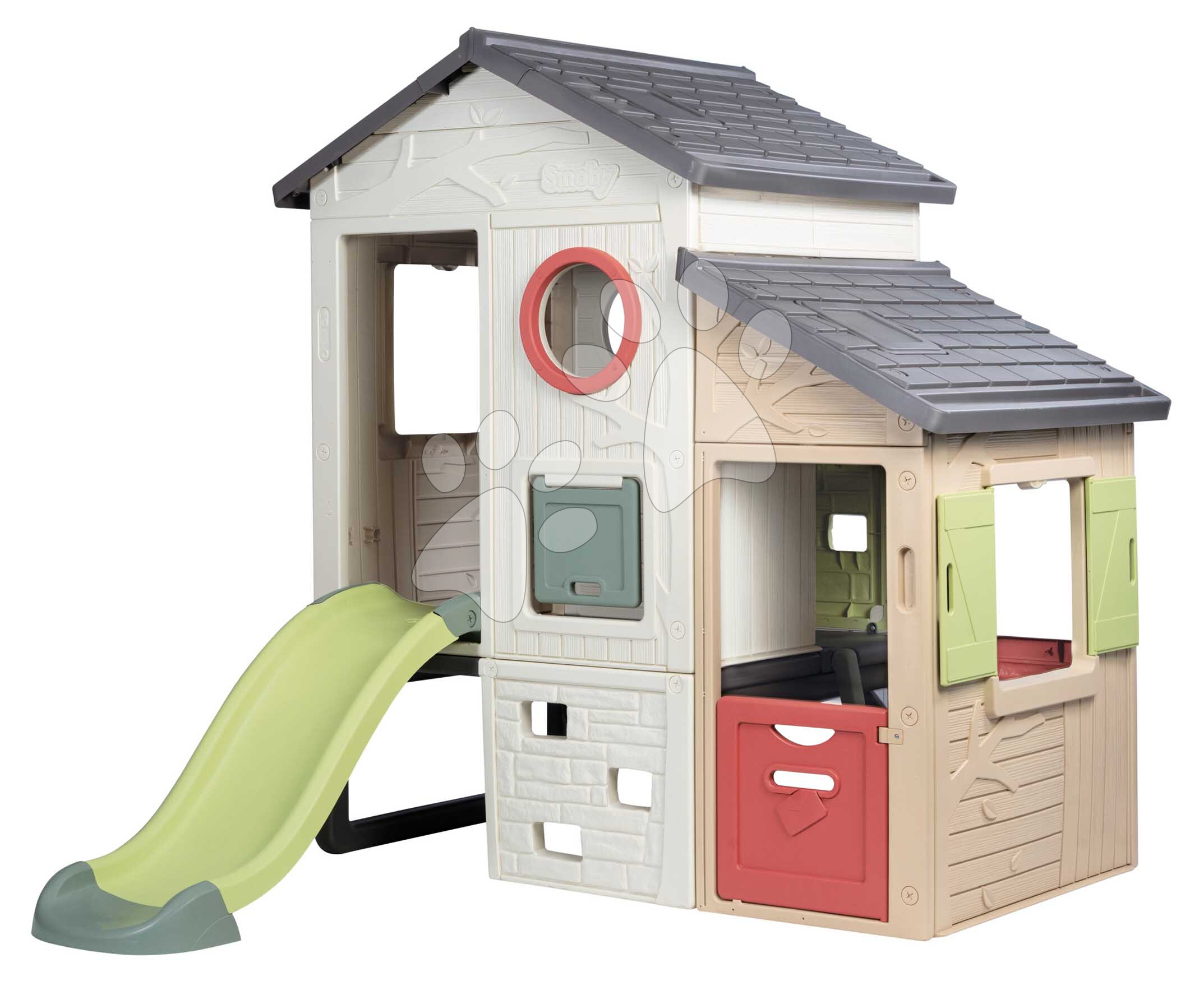 Házikó Kalandház előszobával és csúszdával Adventure House Life Smoby csapóajtóval és mászófallal UV védelemmel és tovább bővíthető