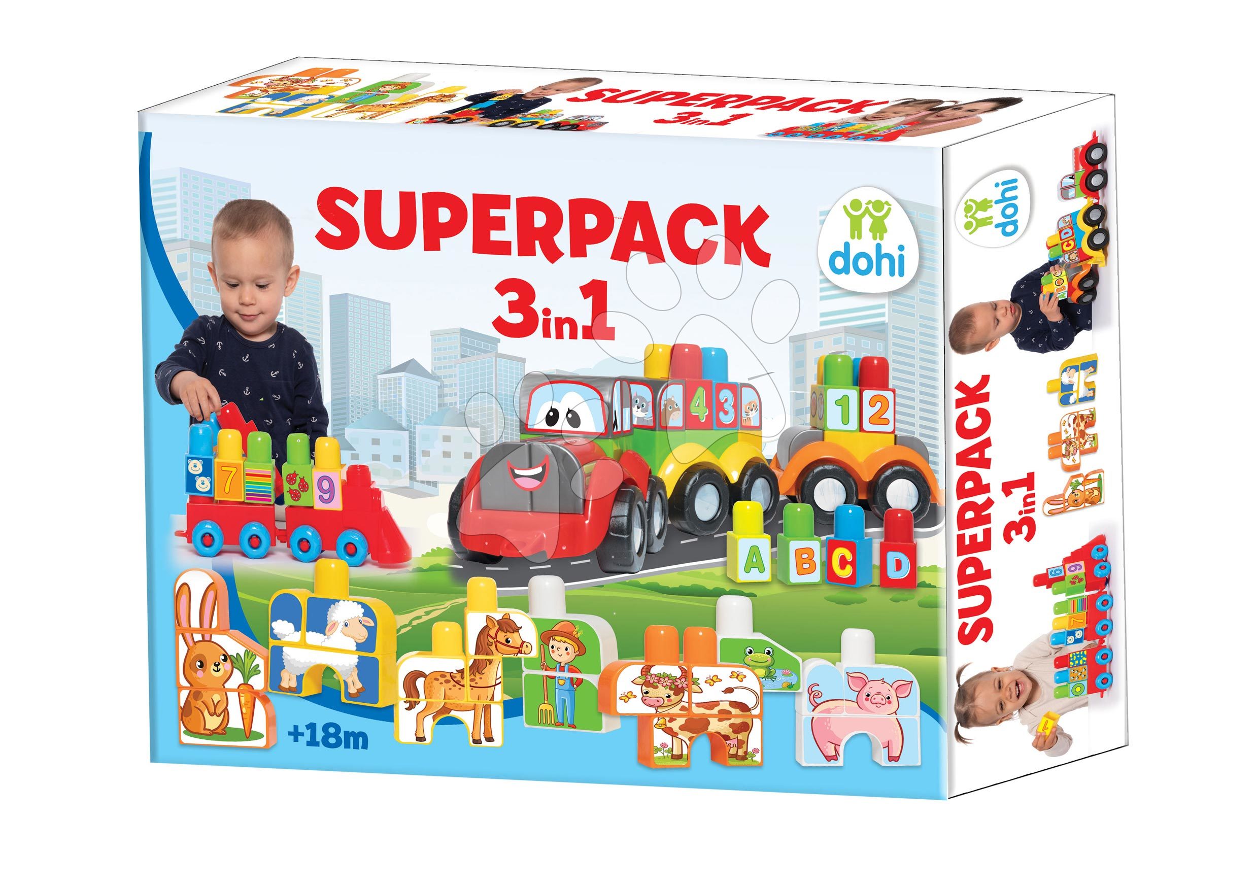 Stavebnice vláček s traktorem a zvířátka Superpack 3v1 Dohány velké kostky s potiskem od 18 měsíců