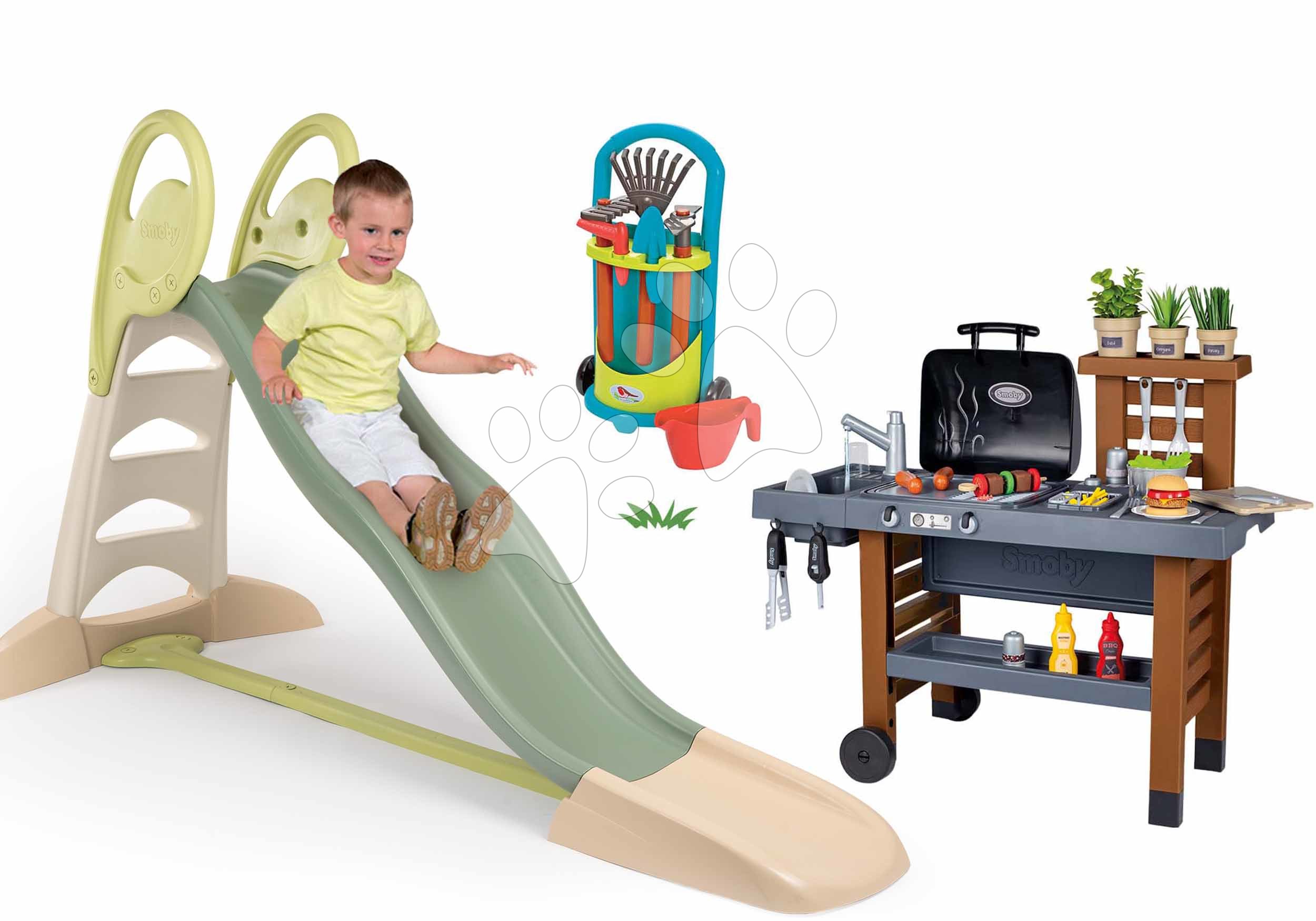 Set skluzavka s dvojitou vlnou a gril s tekoucí vodou Toboggan XL Life Smoby délka 230 cm a zahradní vozík s nářadím