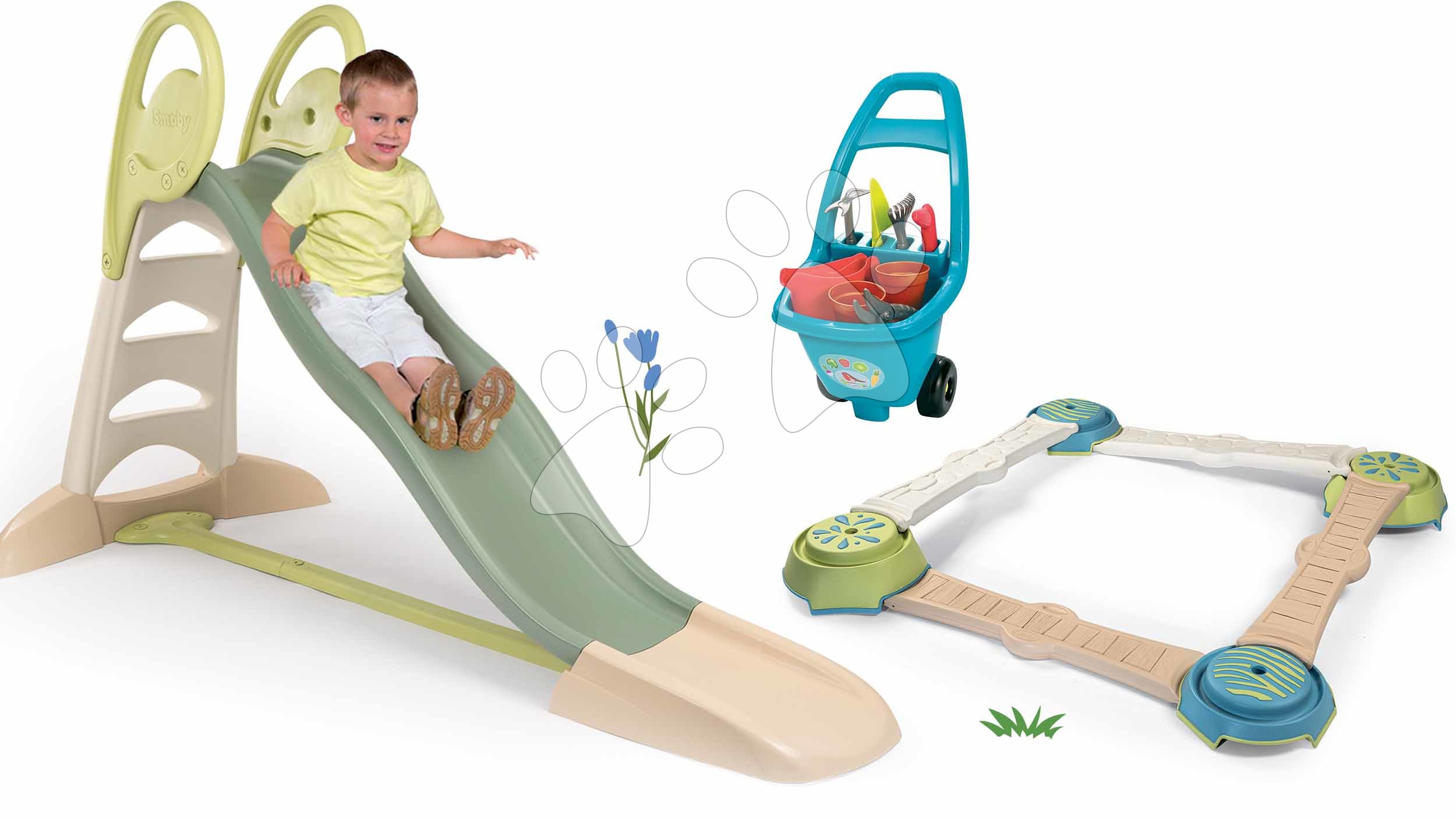 Set skluzavka s dvojitou vlnou a dobrodružná dráha Toboggan XL Life Smoby délka 230 cm a vozík se zahradním nářadím
