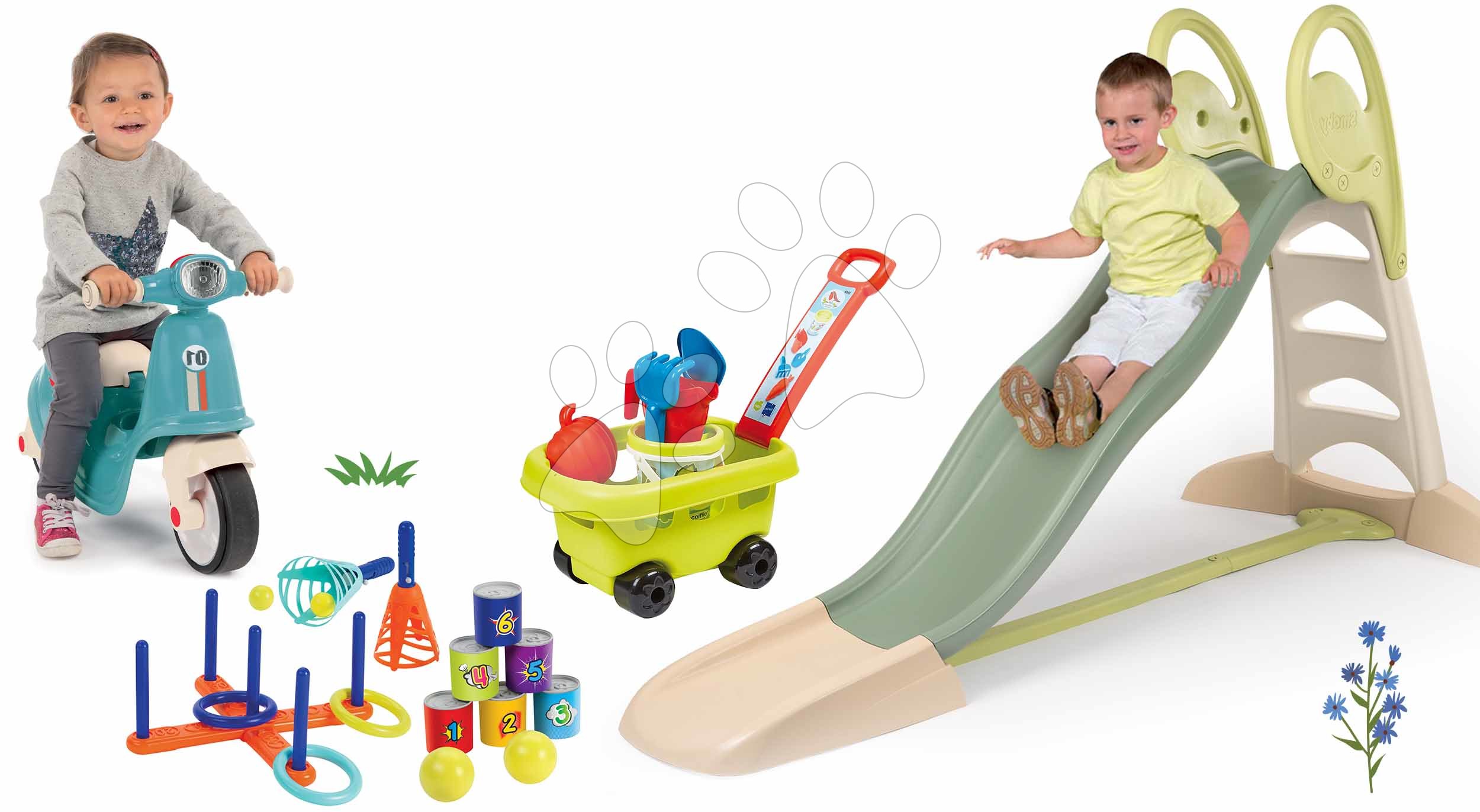 Set šmykľavka s dvojitou vlnou a odrážadlo Toboggan XL Life Smoby dĺžka šmyku 230 cm s vodotryskom a záhradný vozík so športovými hrami