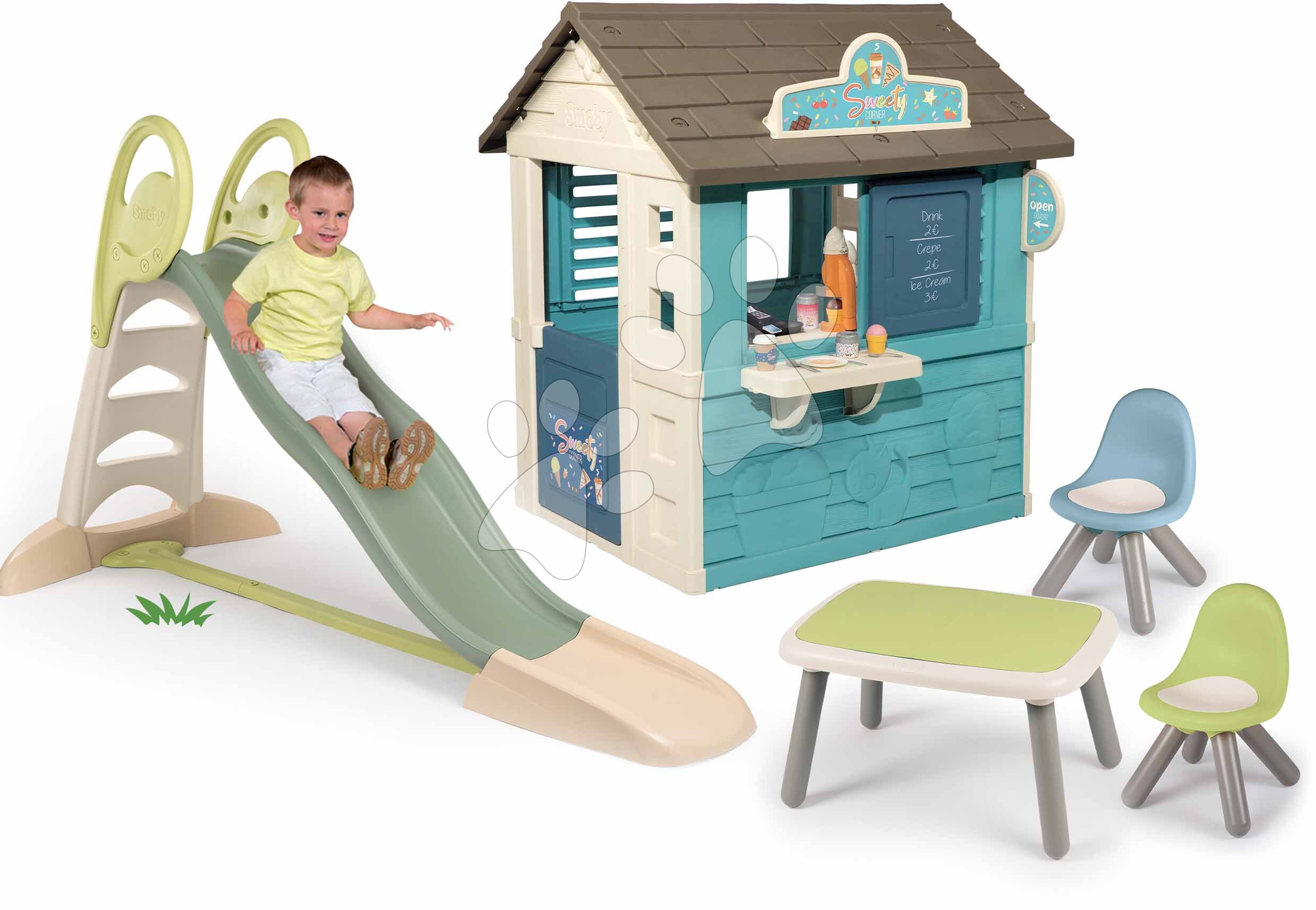 Set šmykľavka s dvojitou vlnou a domček zmrzlináreň Toboggan XL Life Smoby dĺžka šmyku 230 cm s vodotryskom a stôl s dvoma stoličkami KidChair