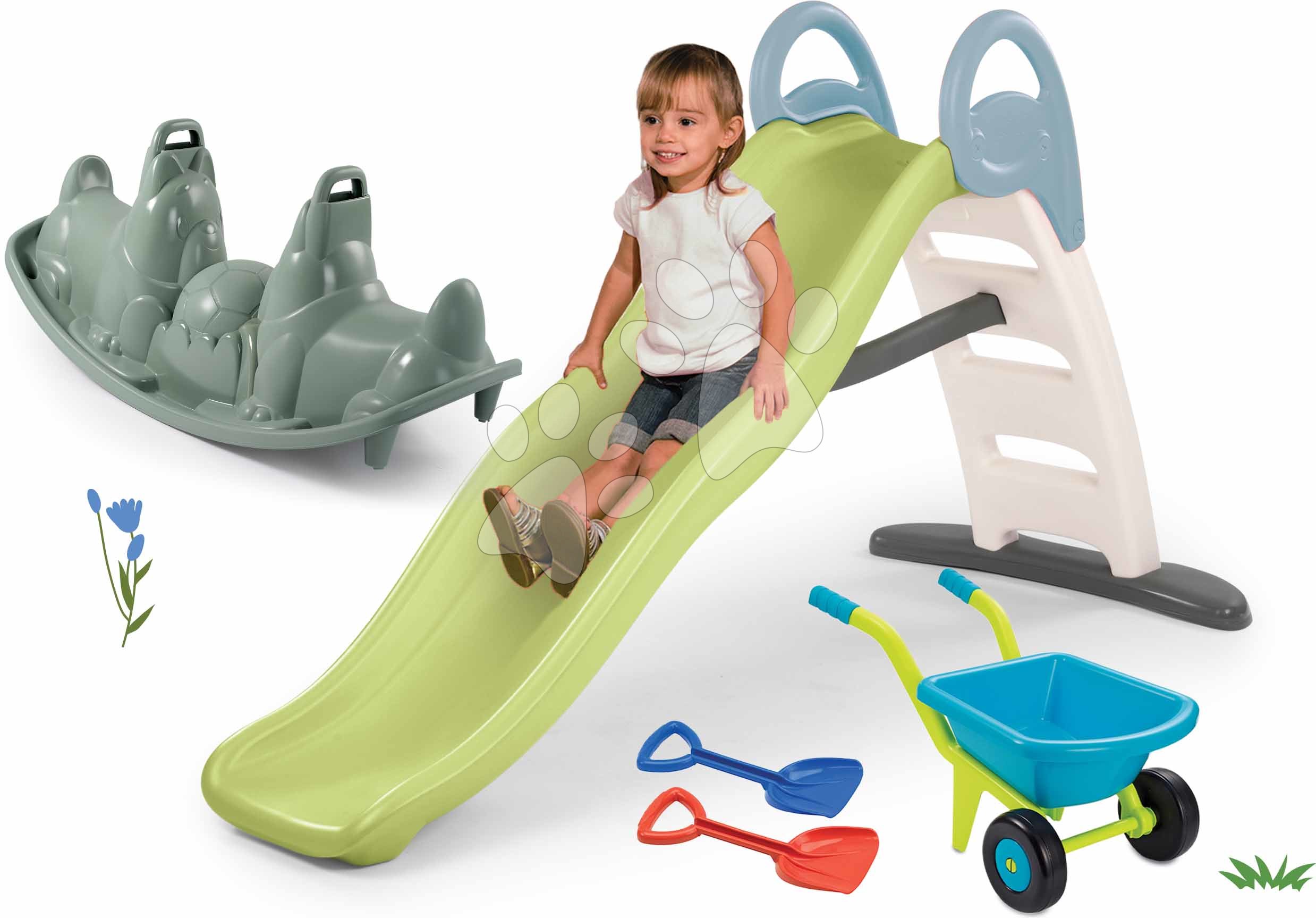 Set šmykľavka s dvojitou vlnou a obojstranná hojdačka Pes Toboggan Life Smoby dĺžka šmyku 200 cm s vodotryskom a fúrik s lopatkami