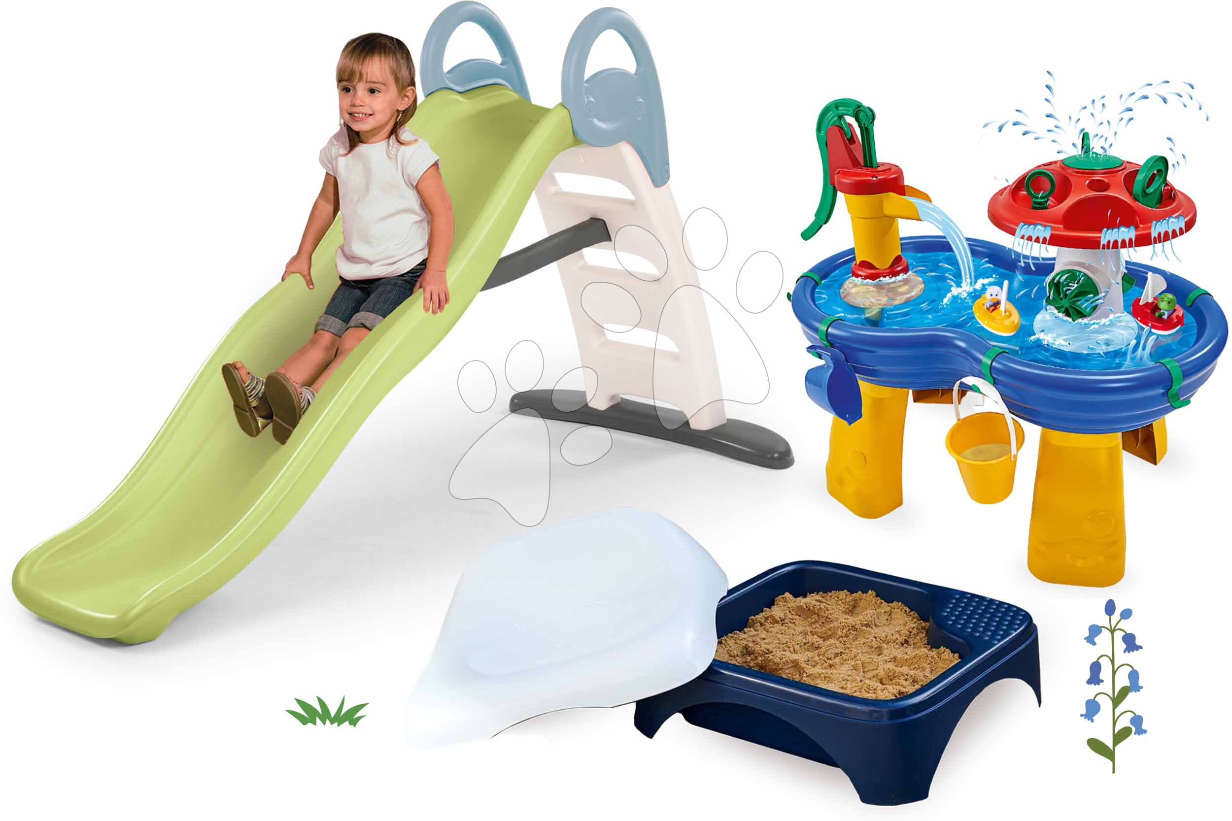 Set šmykľavka s dvojitou vlnou a pieskovisko so sedadlom Funny Toboggan Life Smoby dĺžka šmyku 200 cm a vodná dráha s hríbom