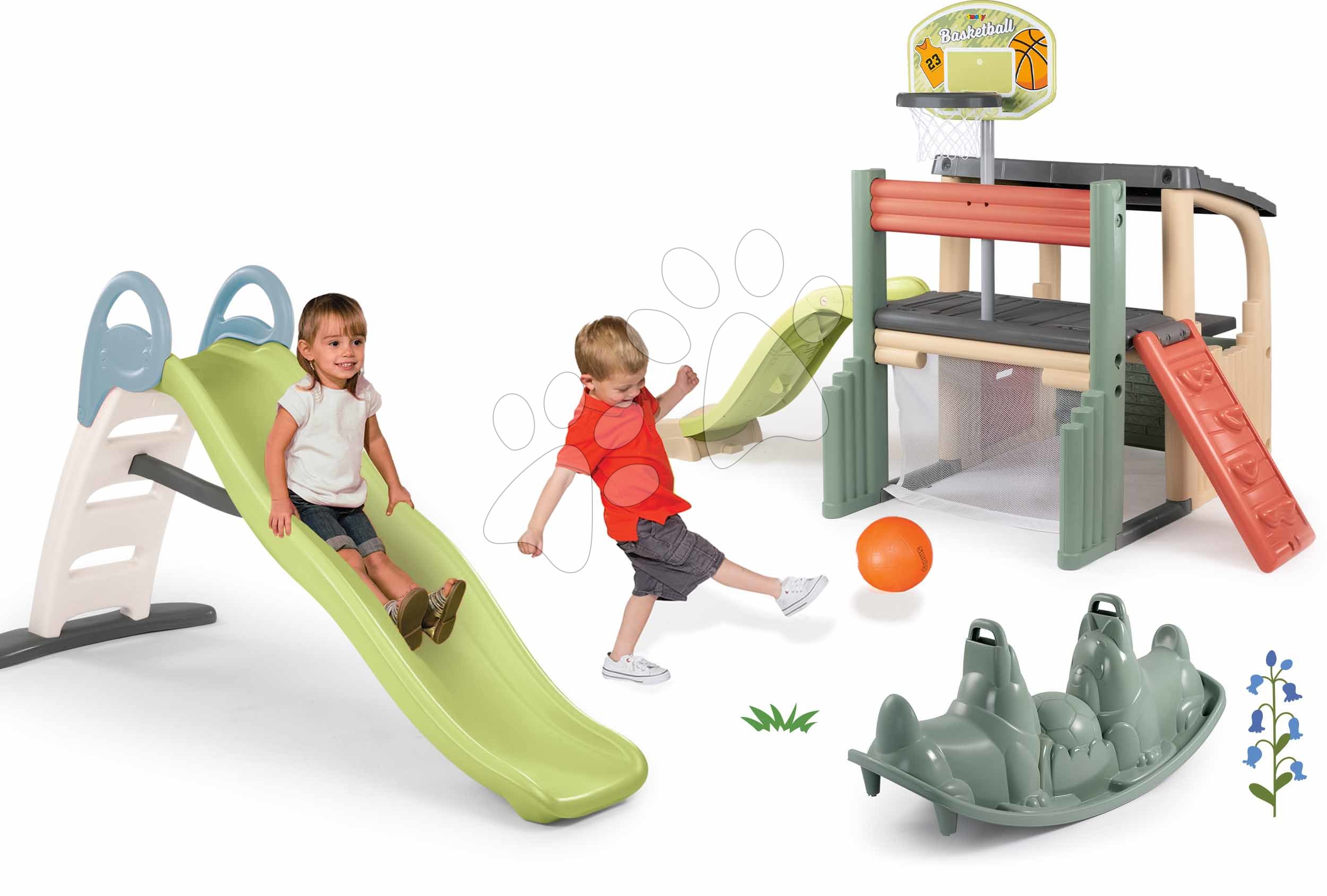 Set šmykľavka s dvojitou vlnou a hracie centrum s basketbalom Toboggan Life Smoby dĺžka šmyku 200 cm s vodotryskom a obojstranná hojdačka Pes