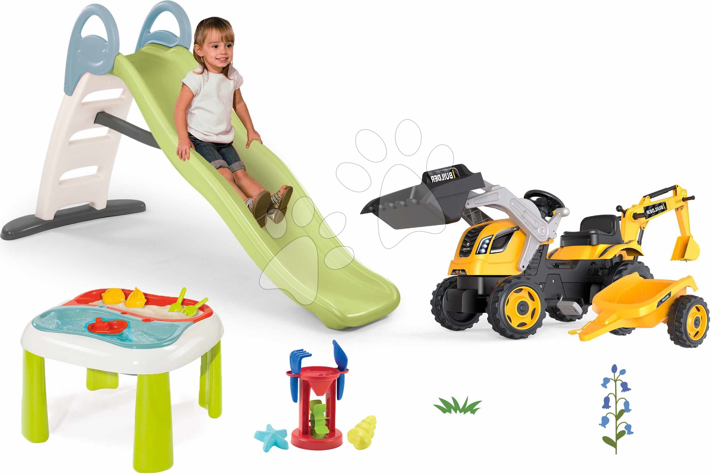 Set skluzavka s dvojitou vlnou a stůl na vodu a písek Toboggan Life Smoby délka 200 cm s vodotryskem a traktor s nakladačem a bagrem