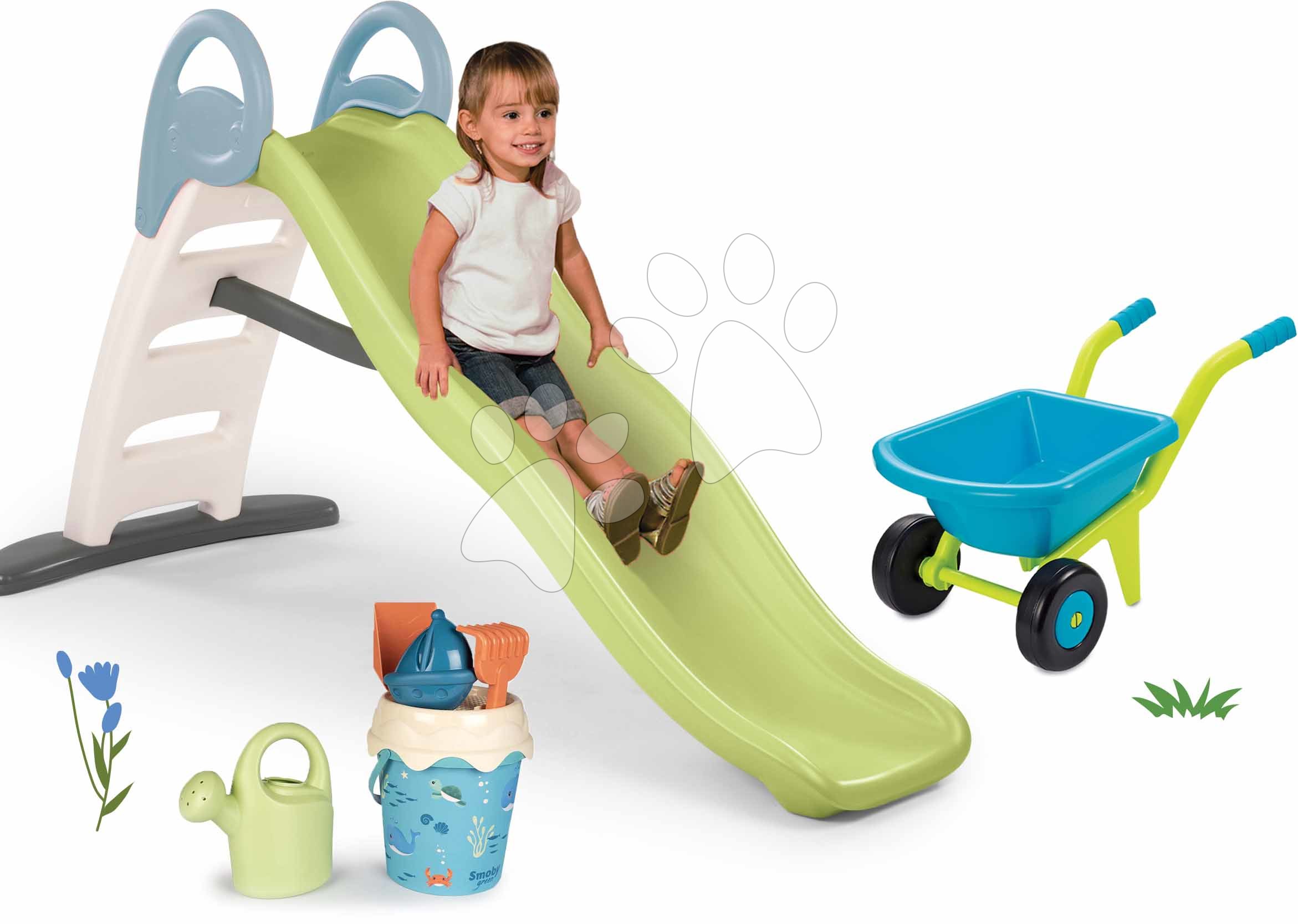 Set šmykľavka s dvojitou vlnou a vedro set z cukrovej trstiny Toboggan Life Smoby dĺžka šmyku 200 cm s vodotryskom a fúrik
