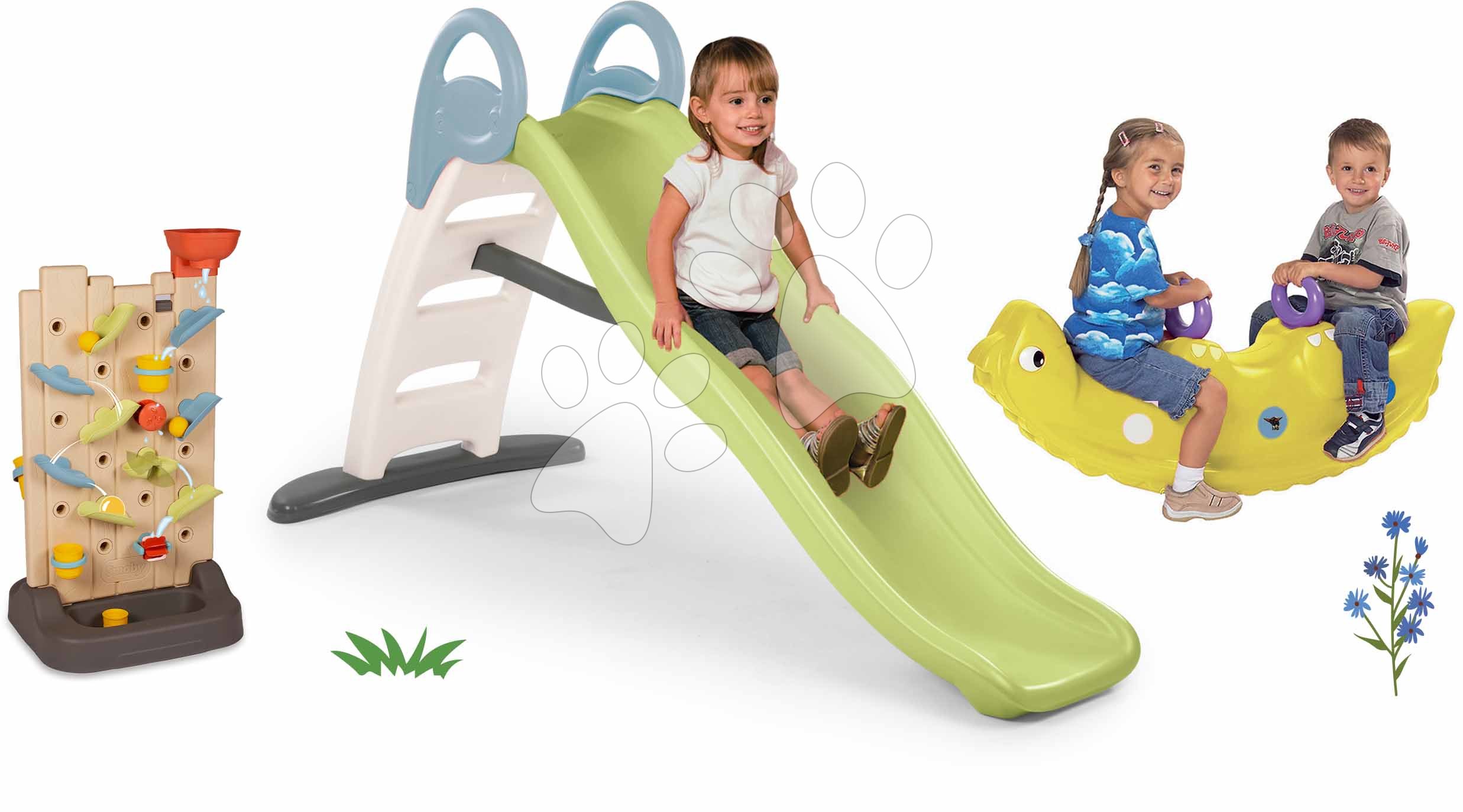 Set skluzavka s dvojitou vlnou a aktivní hrací stěna Toboggan Life Smoby délka 200 cm s vodotryskem a houpačka Dinosaurus
