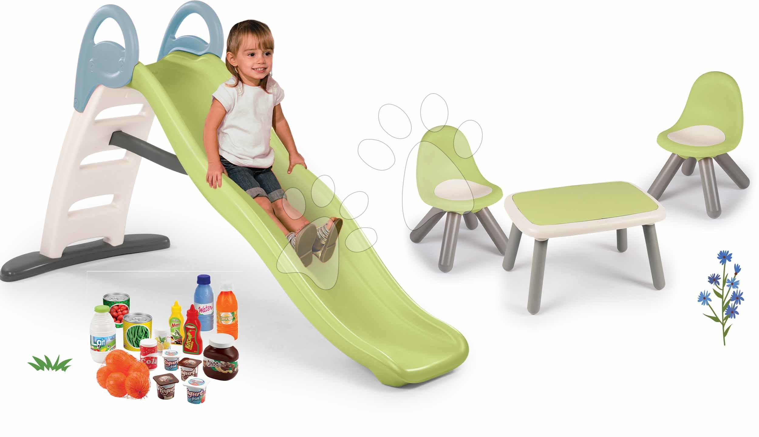 Set skluzavka s dvojitou vlnou a stůl s židlemi Toboggan Life Smoby délka 200 cm s vodotryskem a sada potravin